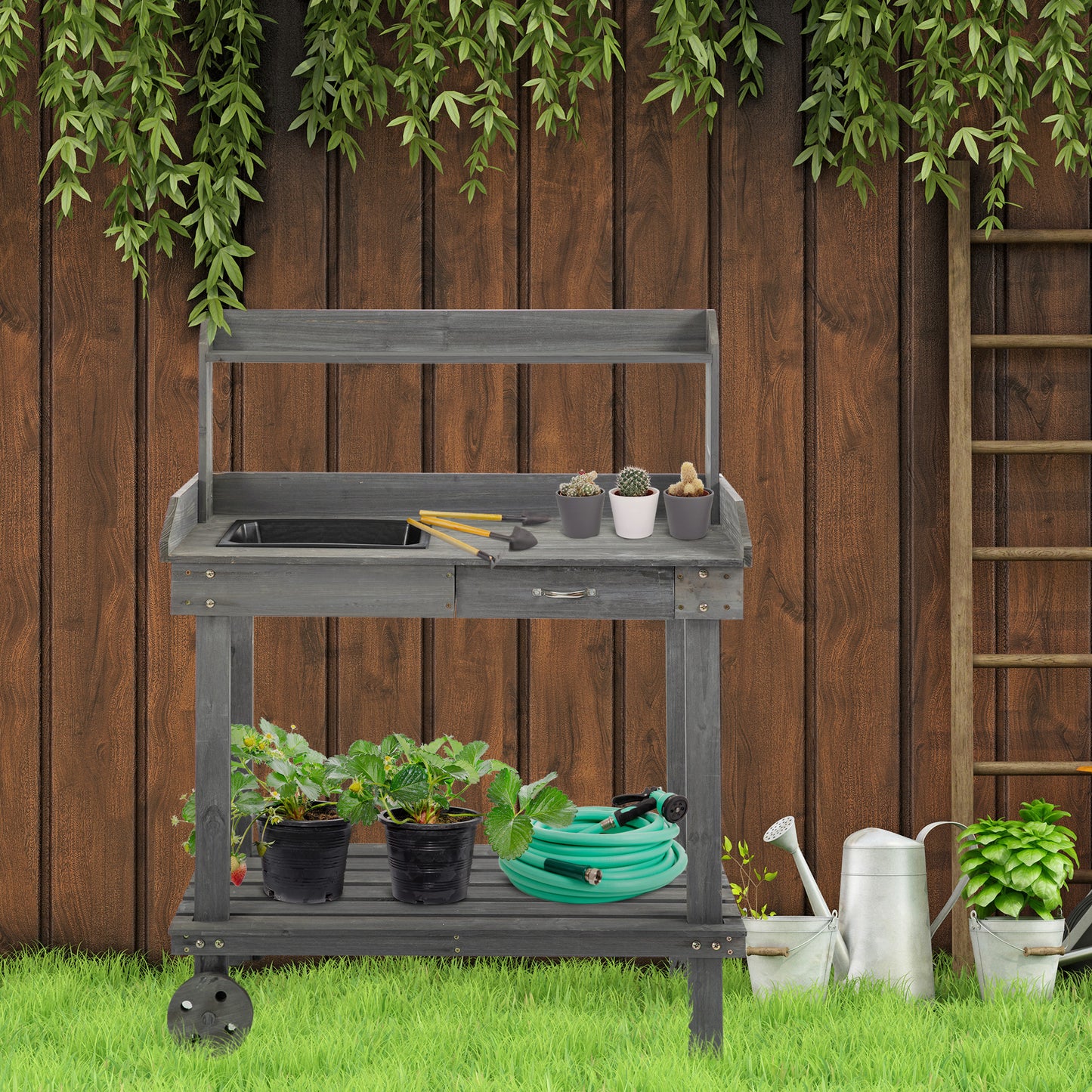 Wooden Potting Bench with Sink, Wheels, Drawer & Storage - Gray Garden Work Table
