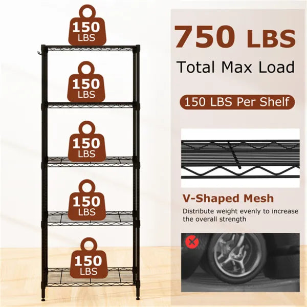 5-Tier Heavy-Duty Metal Wire Shelving, 750 LBS Total Load With
