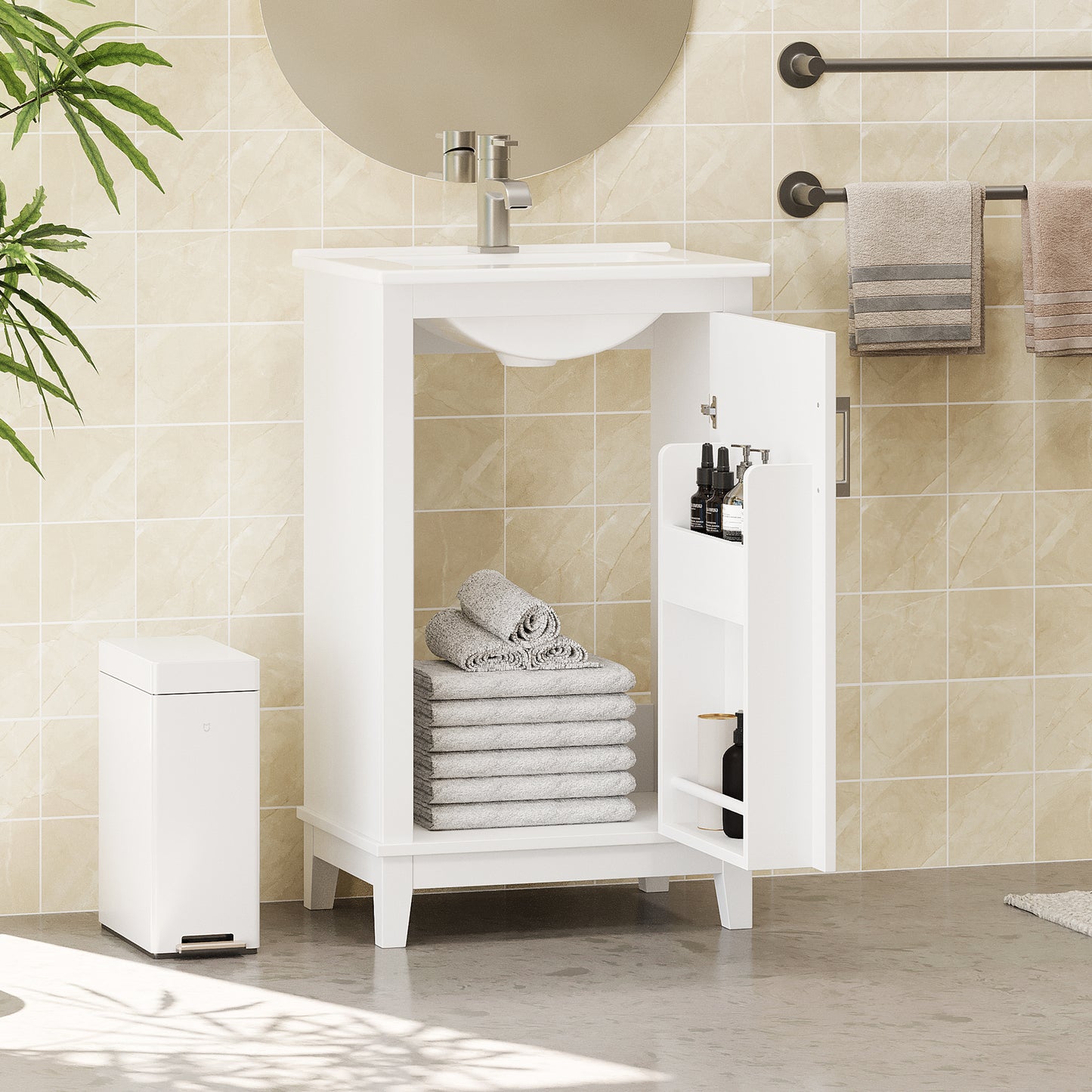 20-Inch Modern Bathroom Vanity Cabinet with Ceramic Basin - White