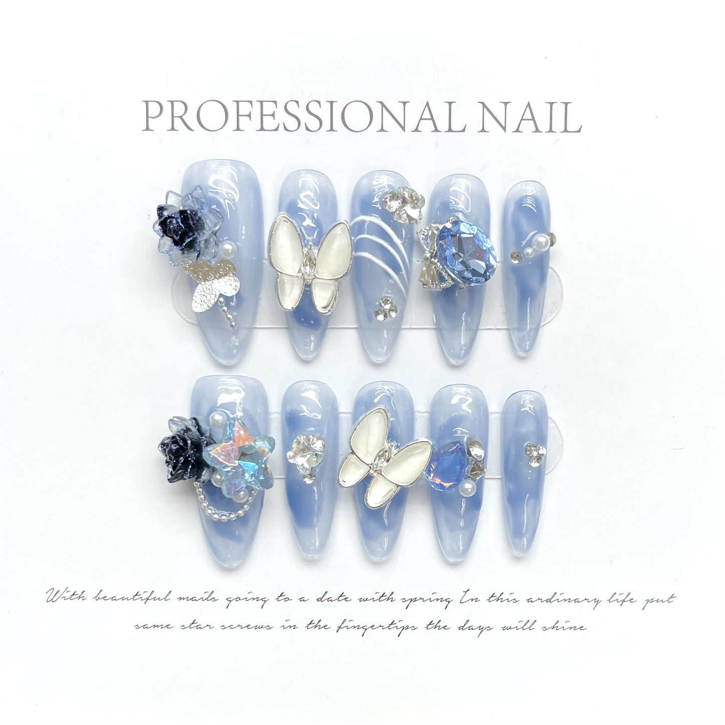 Narcissus Butterfly Rhinestone Nail Tips - Elegant Handcrafted False Nails Set