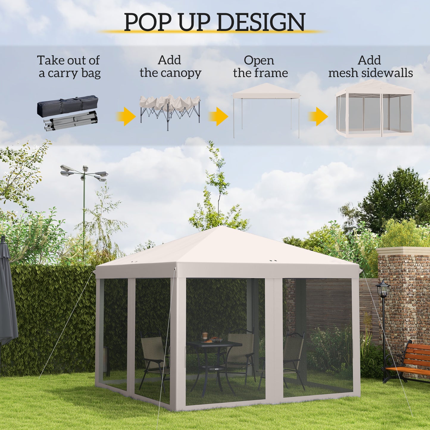 10x10 Pop Up Canopy Tent with Netting - Beige, Adjustable Height
