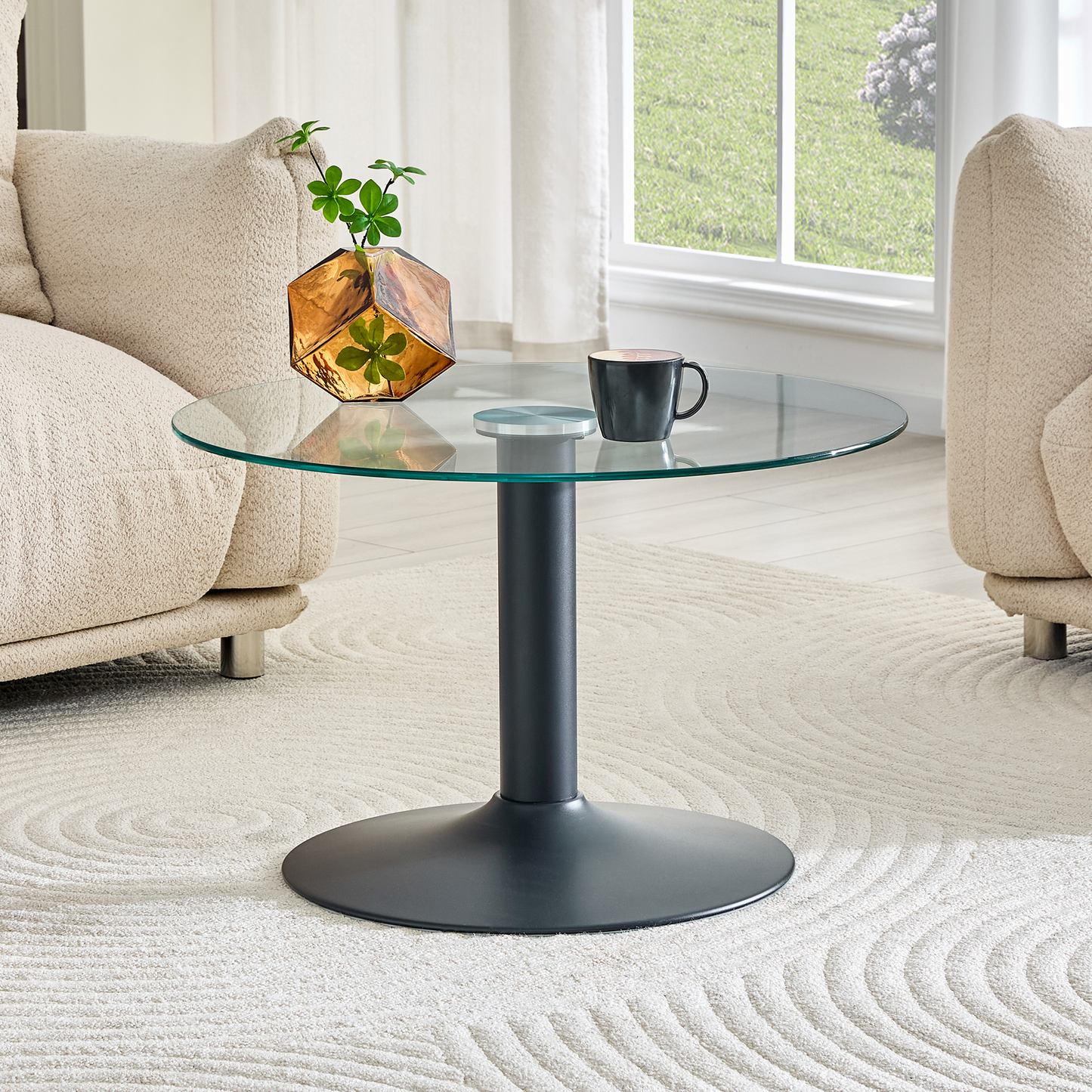 27.5-Inch Round Tempered Glass Coffee Table with Black Metal Base