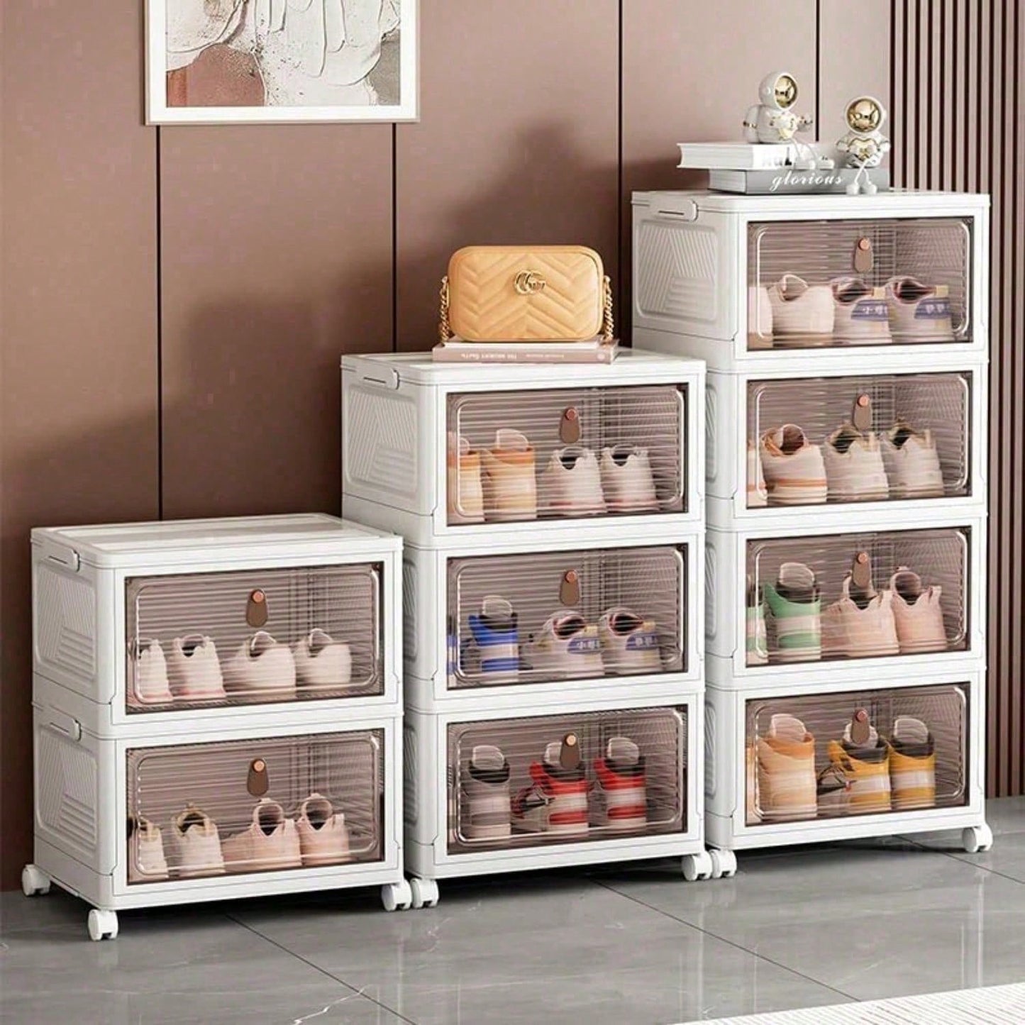 Stackable Shoe Storage Rack, Plastic Cabinet With Clear Doors For
