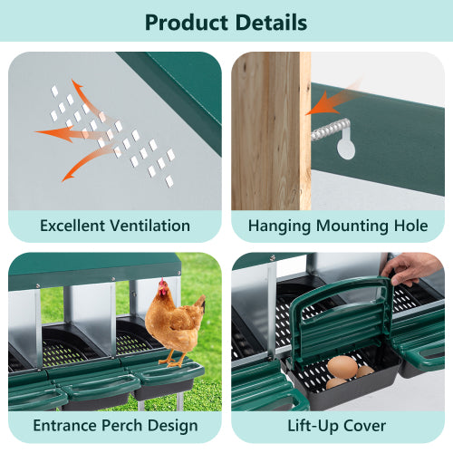 Green Chicken Nest with Legs and Cover, Egg Collection System, Durable Metal