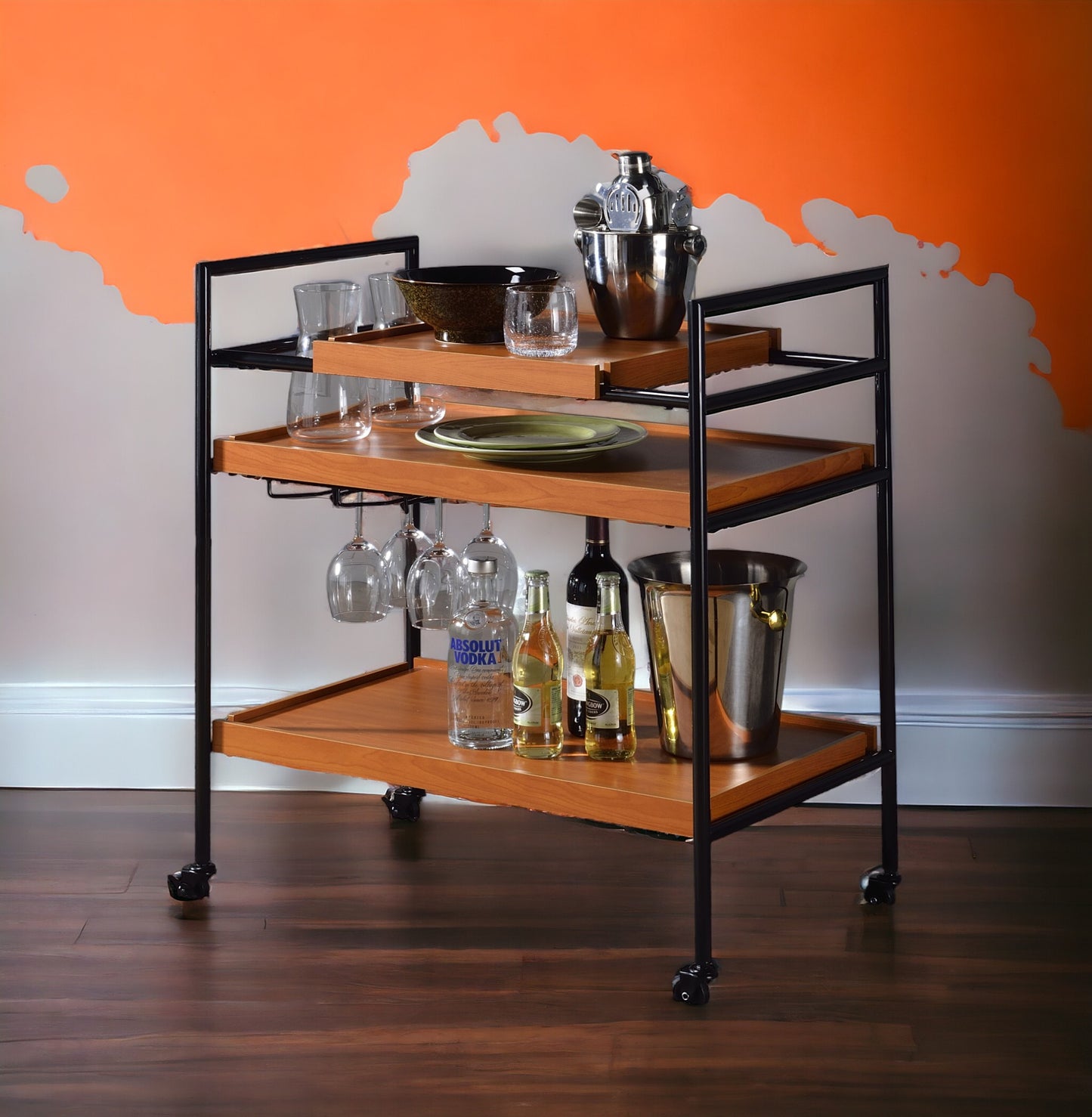 Oaken Honey Oak & Black Serving Cart with Adjustable Trays