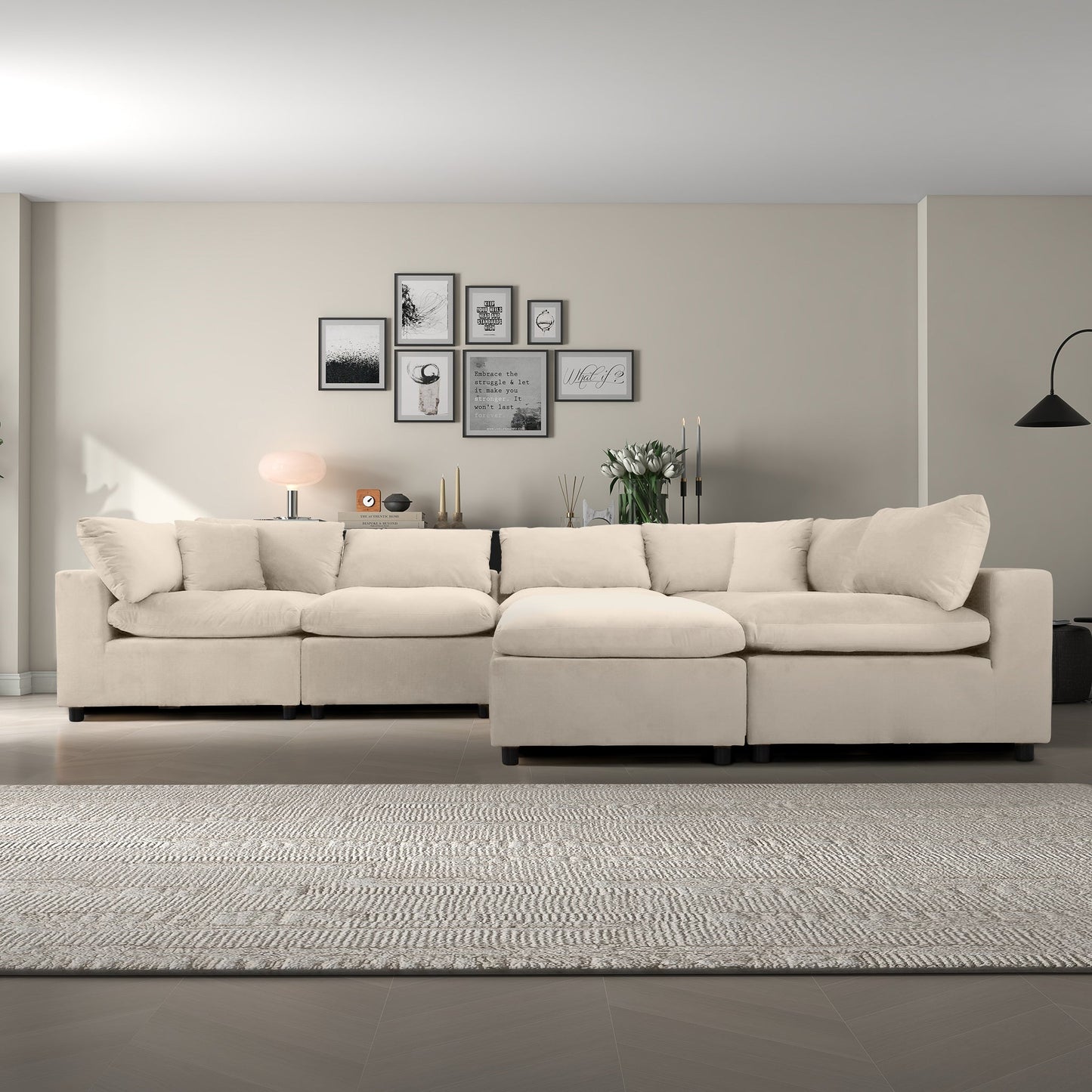 Ivory Velvet Modular Sectional Sofa - Seats 6