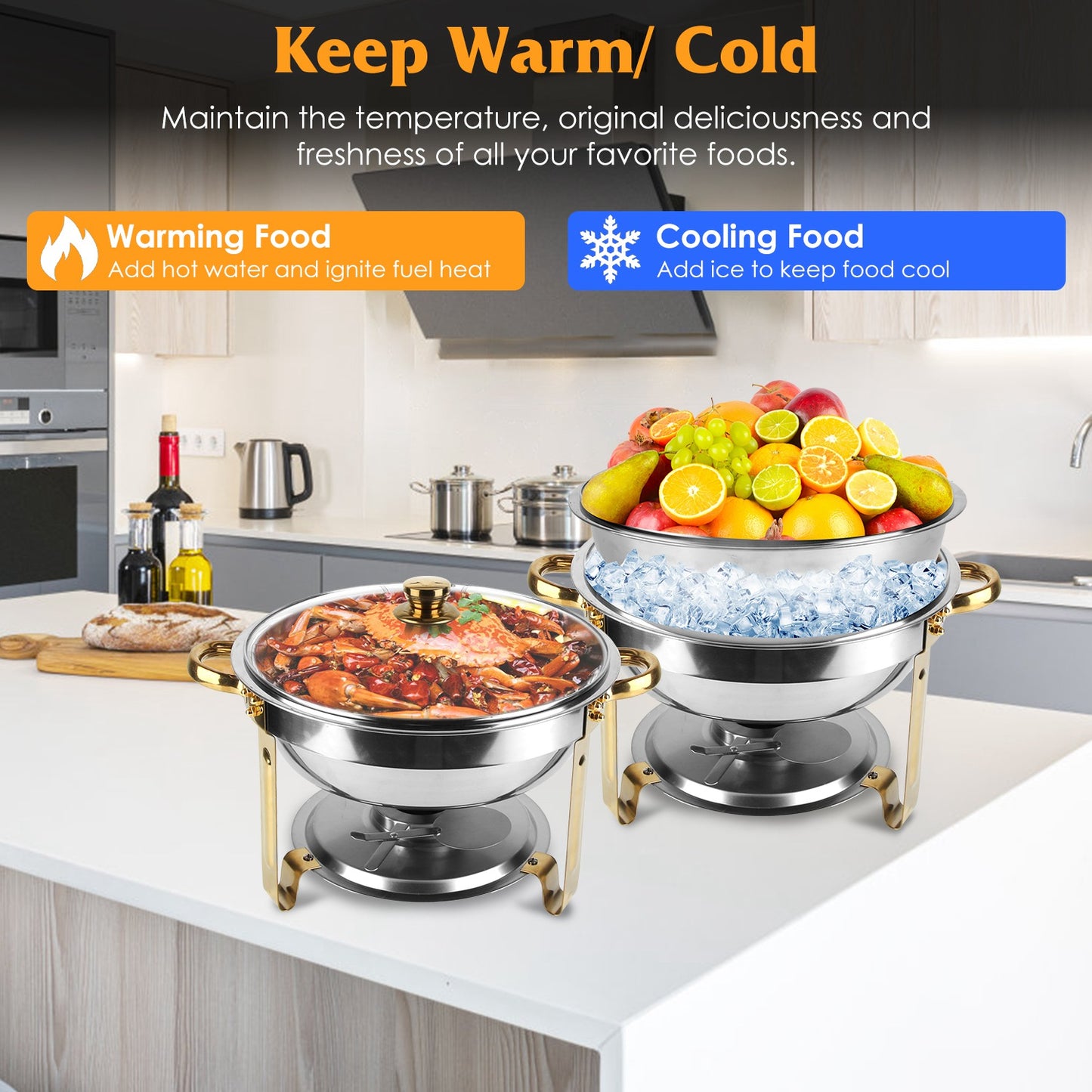 4-Piece Stainless Steel Chafing Dish Set - 4.76QT Round Buffet Servers