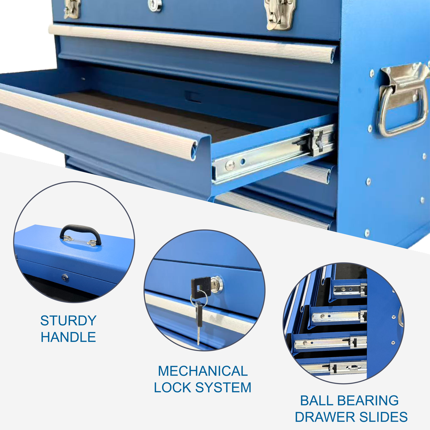 Heavy Duty Metal Tool Box 21-Inch with 4 Drawers, Locking, EVA Liners, Portable Steel Storage Chest - Blue