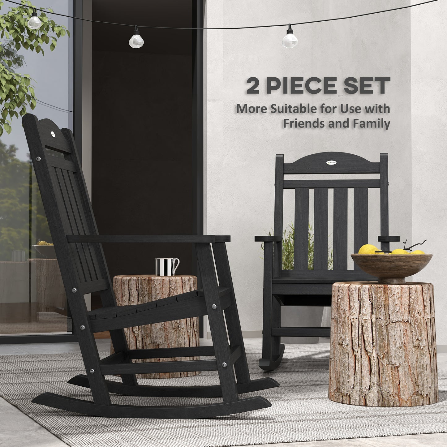 Outdoor Rocking Chair Set with Armrests - Waterproof HDPE, Black