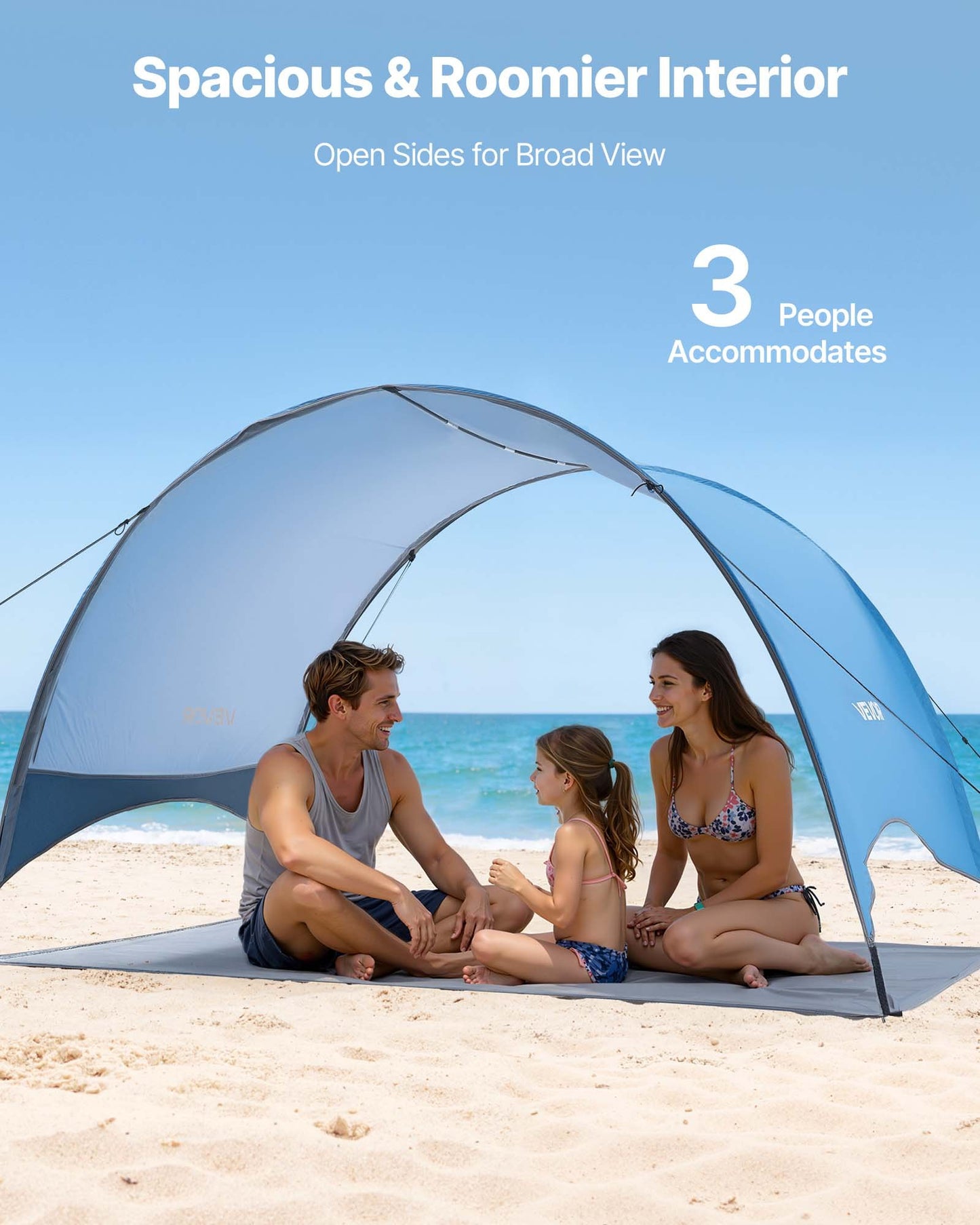 Portable 3-Person Beach Tent Sun Shelter with UPF 50+ Protection and Ground Stakes - Lightweight, Easy Setup, Windproof Canopy