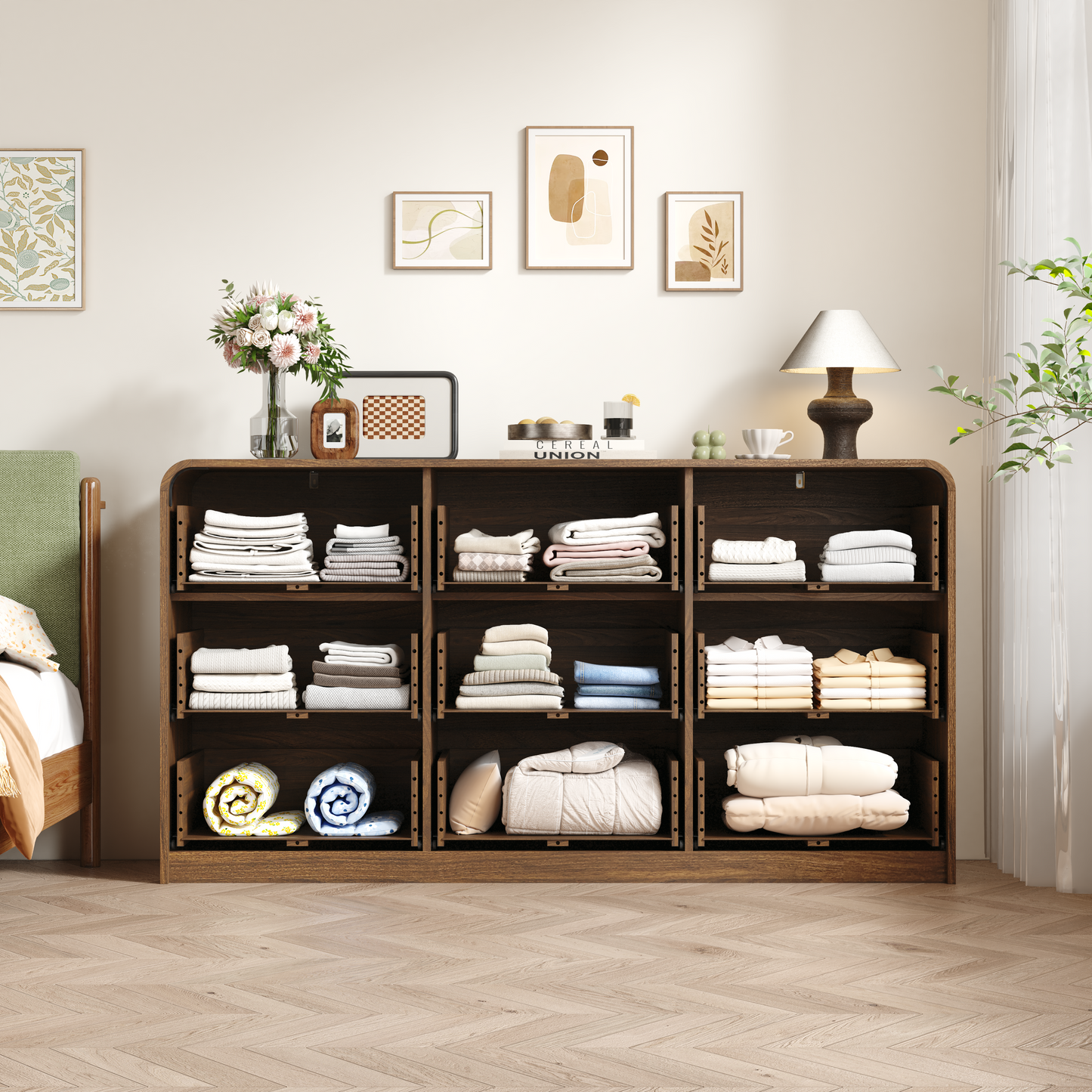 Modern 9-Drawer Dresser with Rattan Front - Walnut Finish