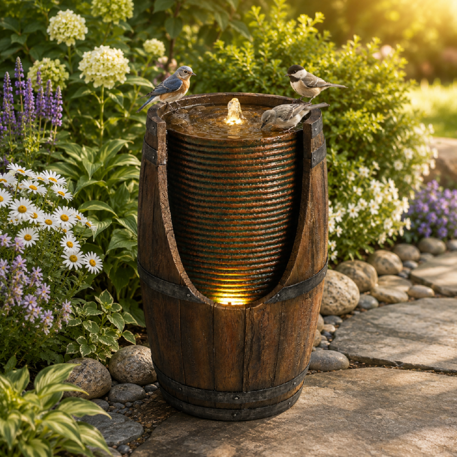 Outdoor Water Fountain with Lights Rustic Wood Look Resin Garden Decor for Patio Yard