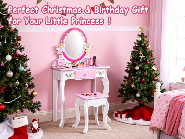Kids Vanity Set Floral Printed Wooden Makeup Dressing Princess Table