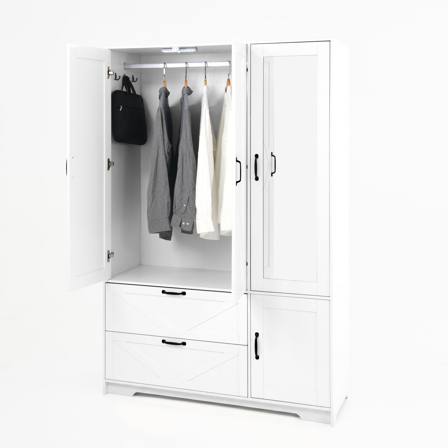 4-Door White Wardrobe Closet with Mirror & LED Lighting