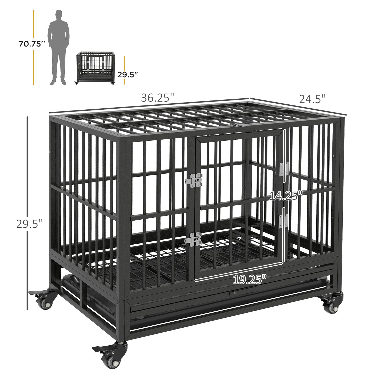 36-Inch Heavy Duty Metal Dog Crate with Lockable Wheels & Removable Tray