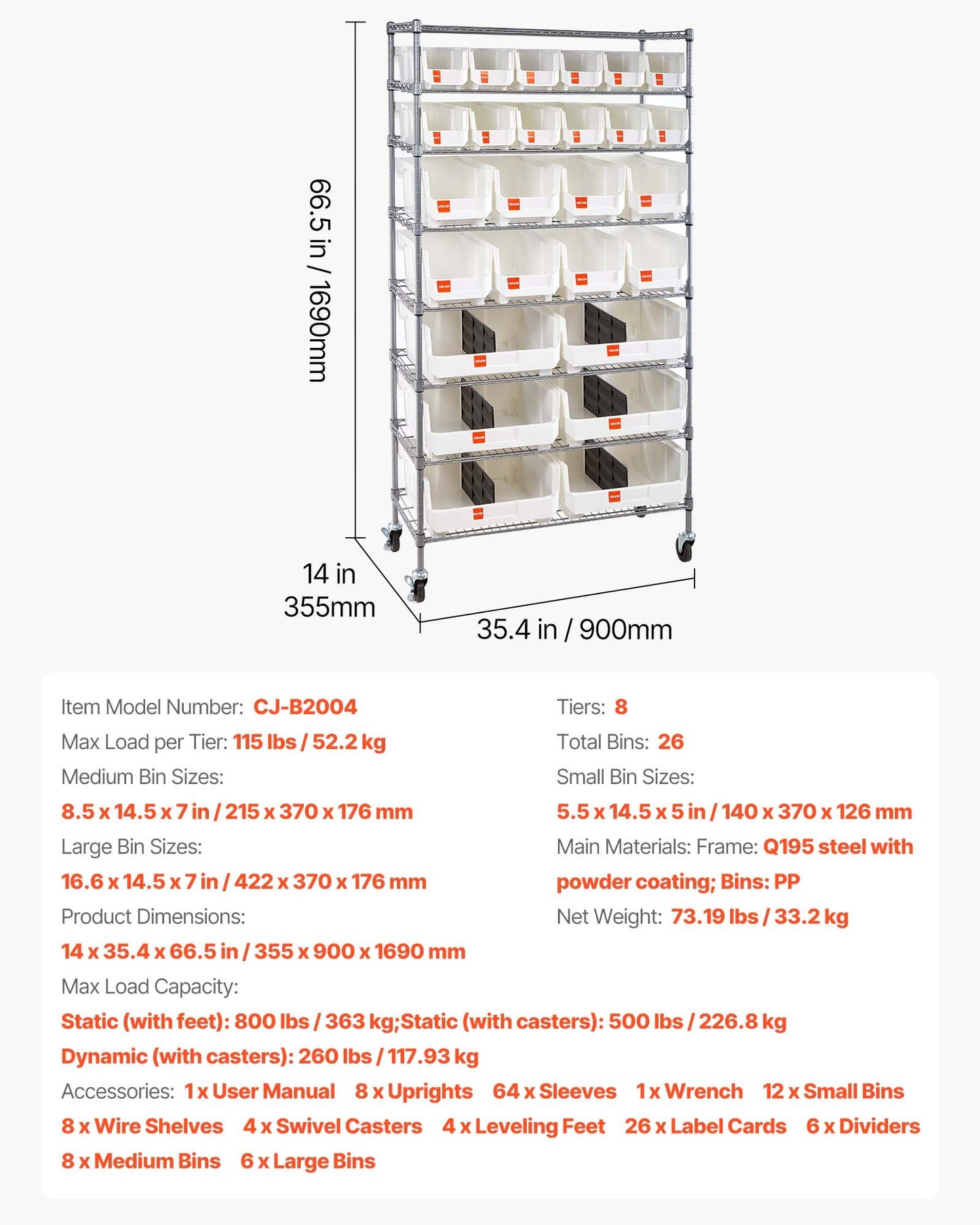 8-Tier Rolling Storage Bin Rack with 26 Organizer Bins - Mobile Steel Wire Shelving for Garage, Warehouse, Office