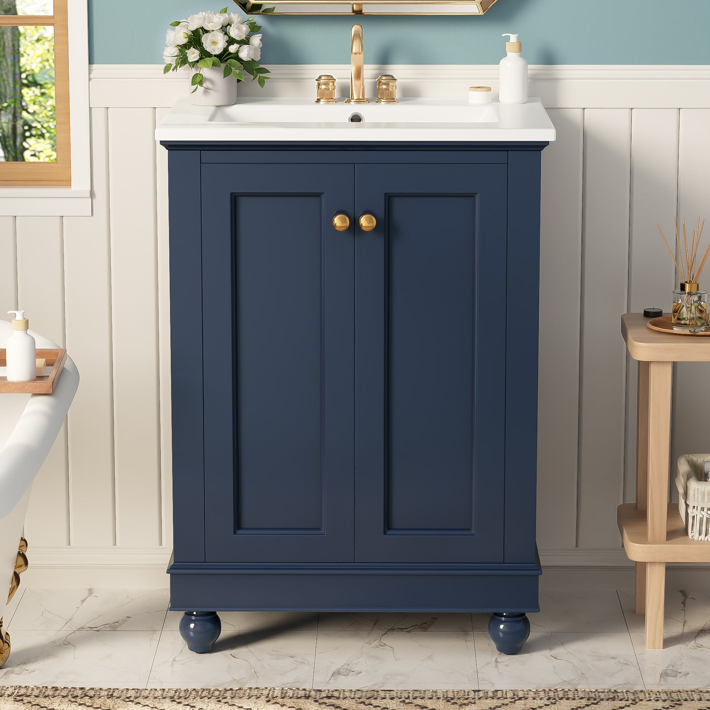 24-Inch Blue Bathroom Vanity Cabinet with Ceramic Sink