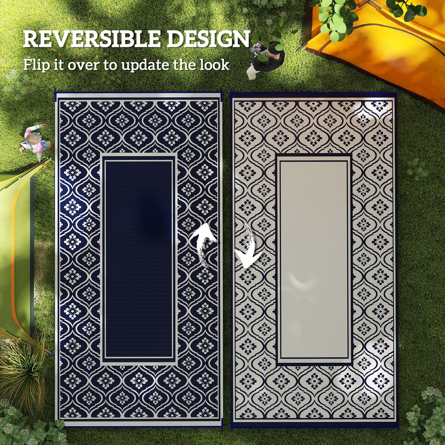 Reversible Outdoor Rug - Waterproof Plastic Straw, 9' x 18', Blue & White Gourd Border