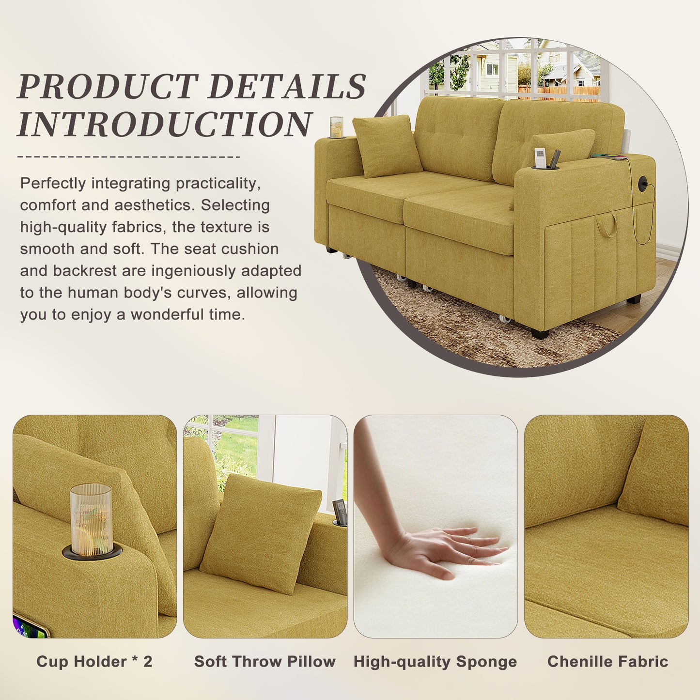 Modern 3-Seat Sofa with USB Charging & Storage - Mustard Yellow