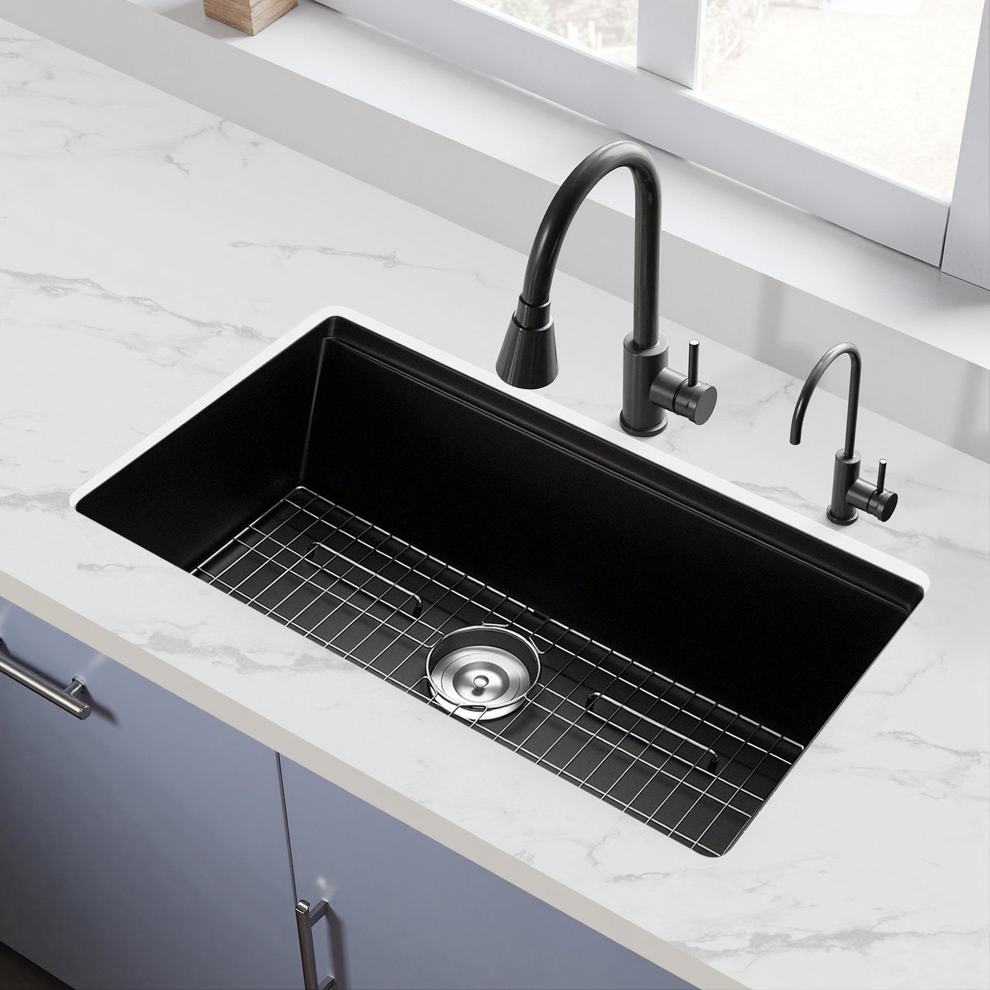 33 Inch Undermount Granite Kitchen Sink - Single Bowl Black