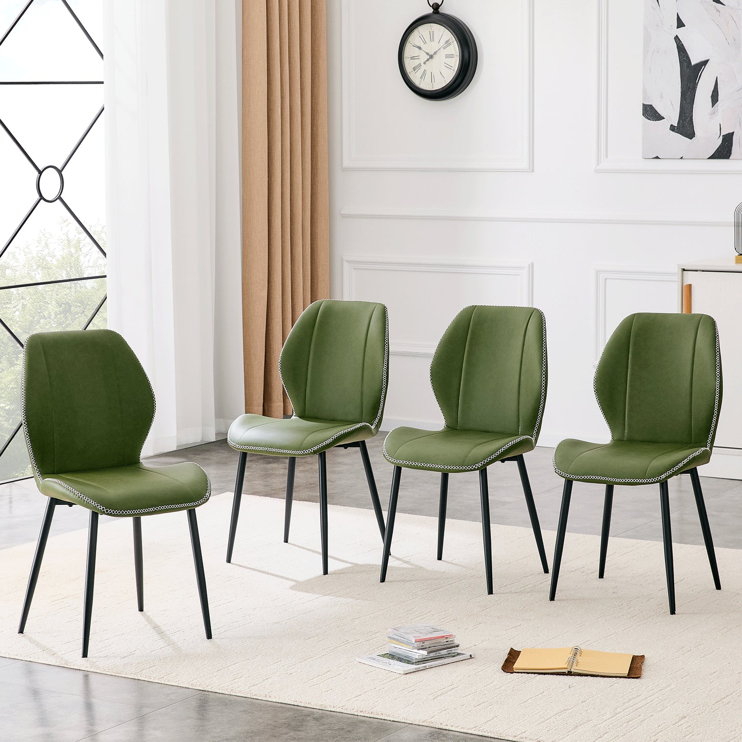 Retro Olive Green PU Dining Chairs - Set of 4 with Metal Legs