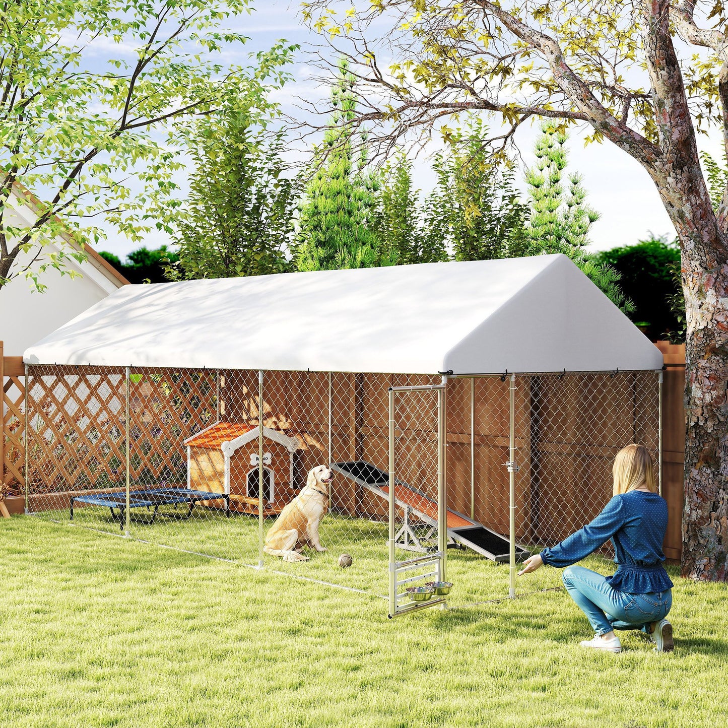 Outdoor Dog Kennel with Rotatable Bowl Rack Waterproof UV Cover 19.7x7.5x7.5 ft