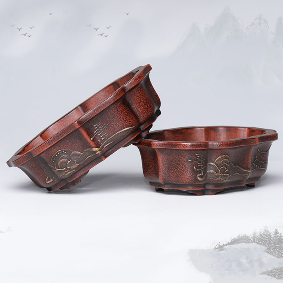 Vintage Ceramic Flower Pot with Brown Red Finish - Wall or Floor Mount Garden Planter