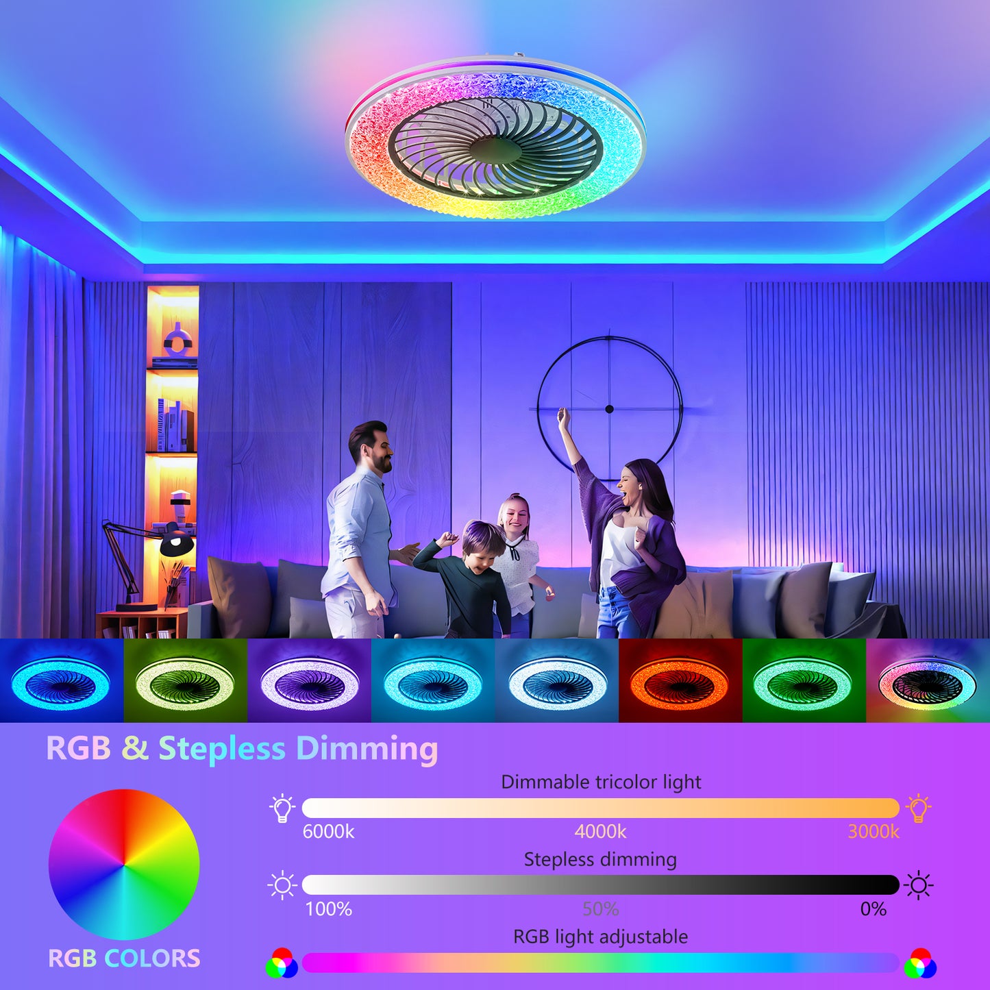 23 Inch Enclosed LED Ceiling Fan with RGB Lights & 6 Speed Settings