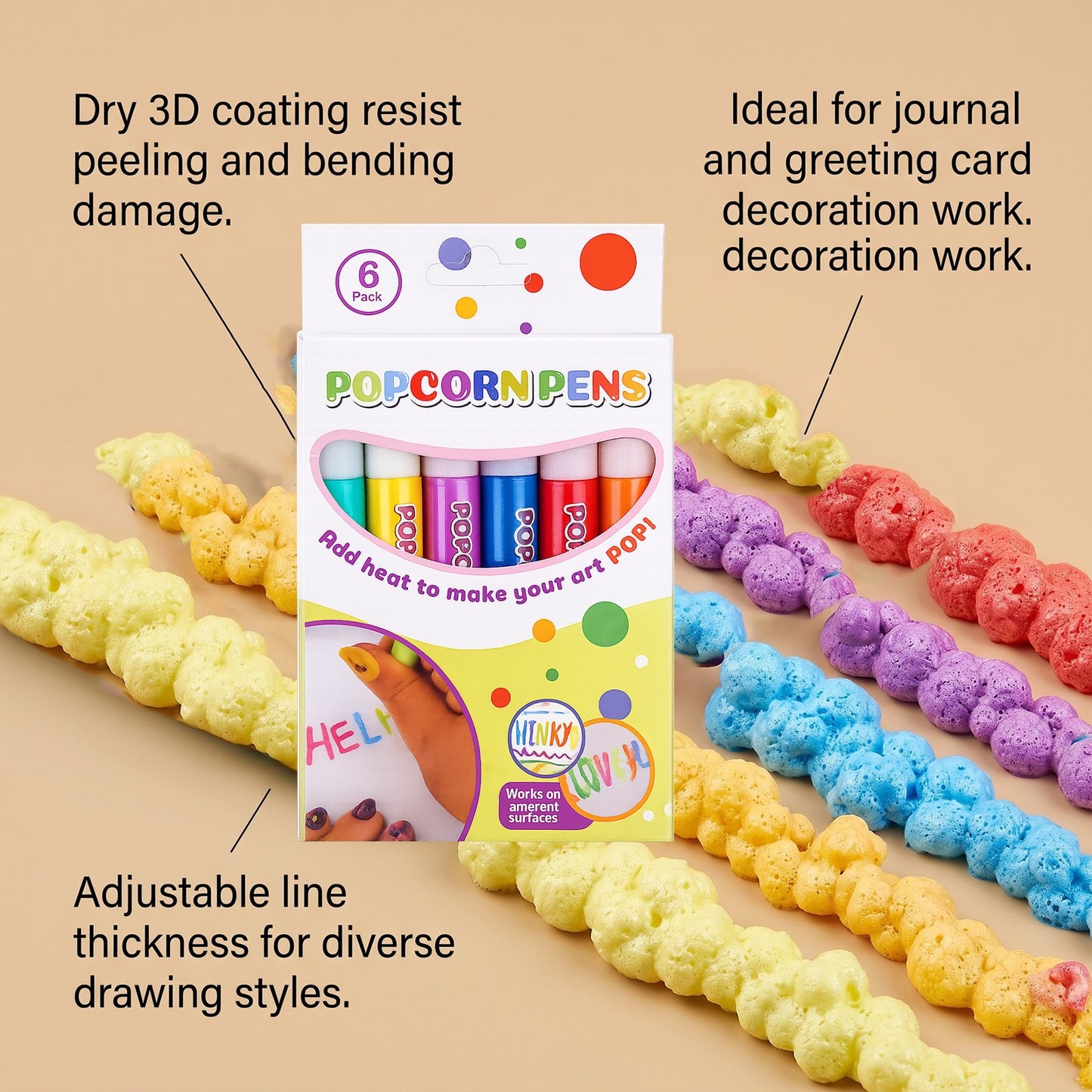Popcorn Pen Set - 6 Acrylic Writing Stylus Pens for Office & Craft