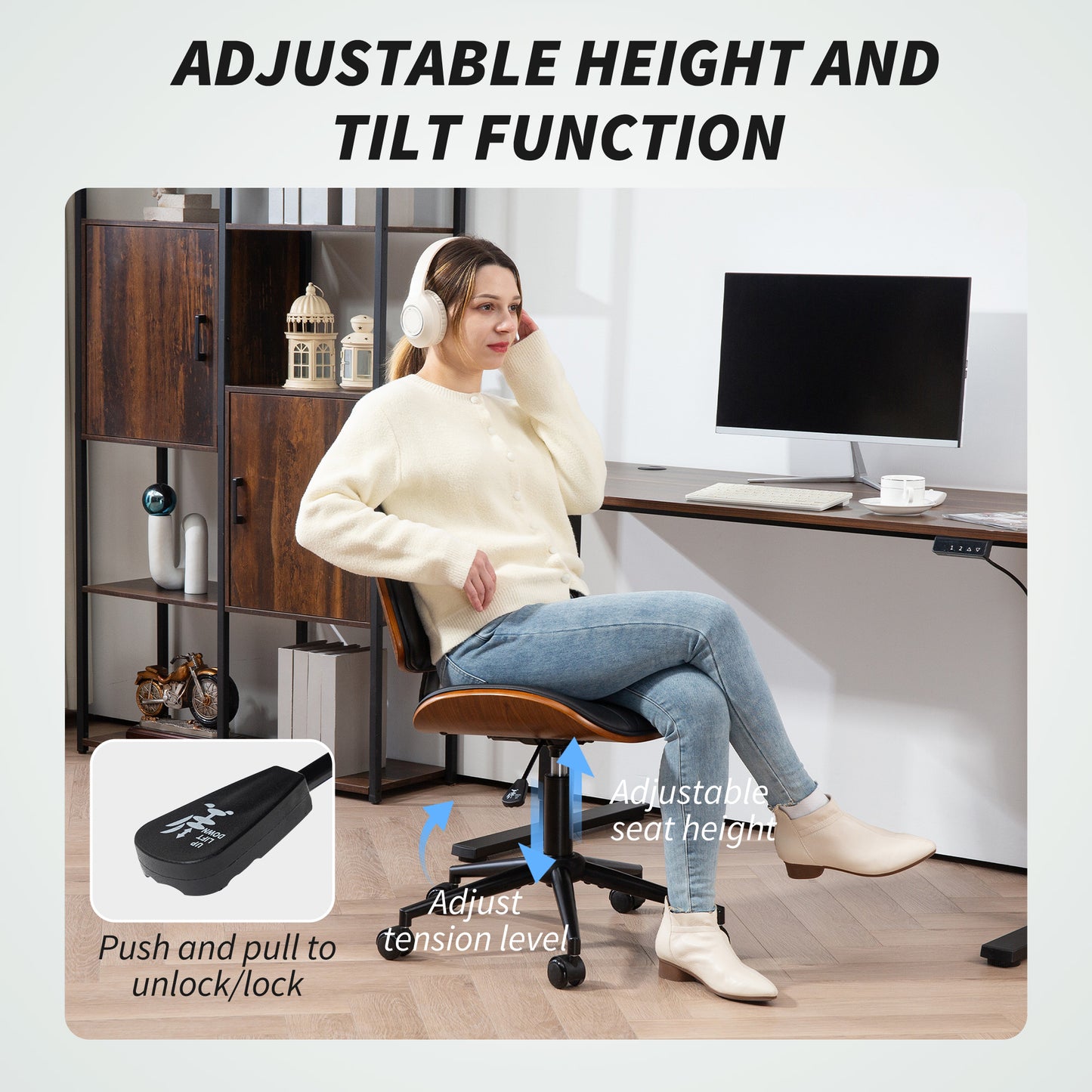 Adjustable Black PU Leather Office Chair with Wheels - Armless