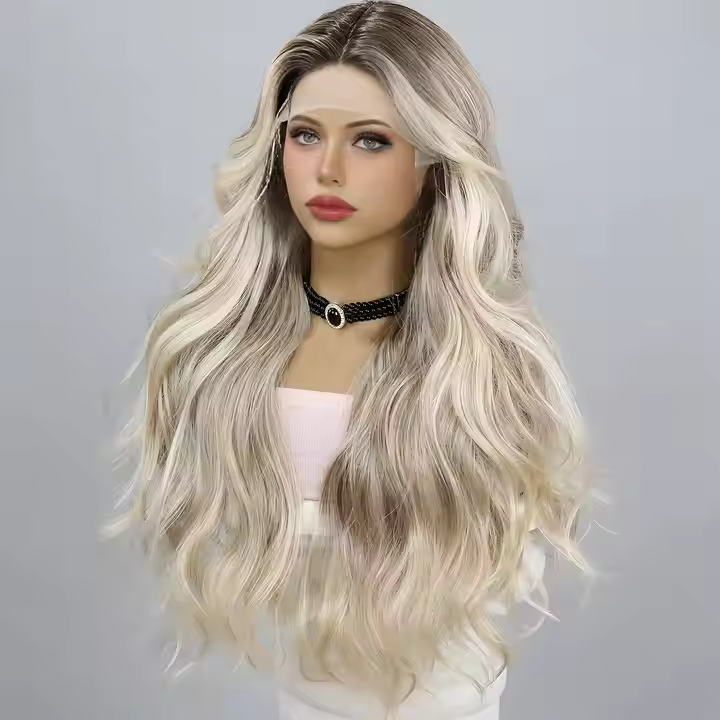 28-Inch Wavy Synthetic Lace Front Wig - Golden Gradient