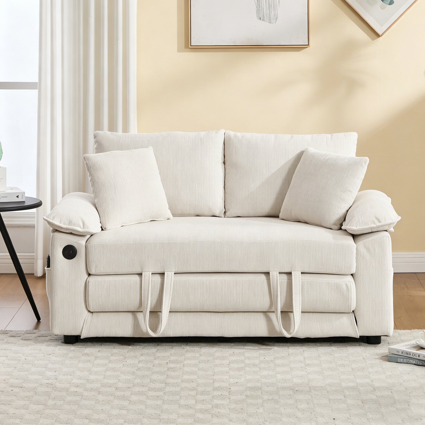 58 Inch Convertible Futon Sofa Bed with Side Pockets - Cream White
