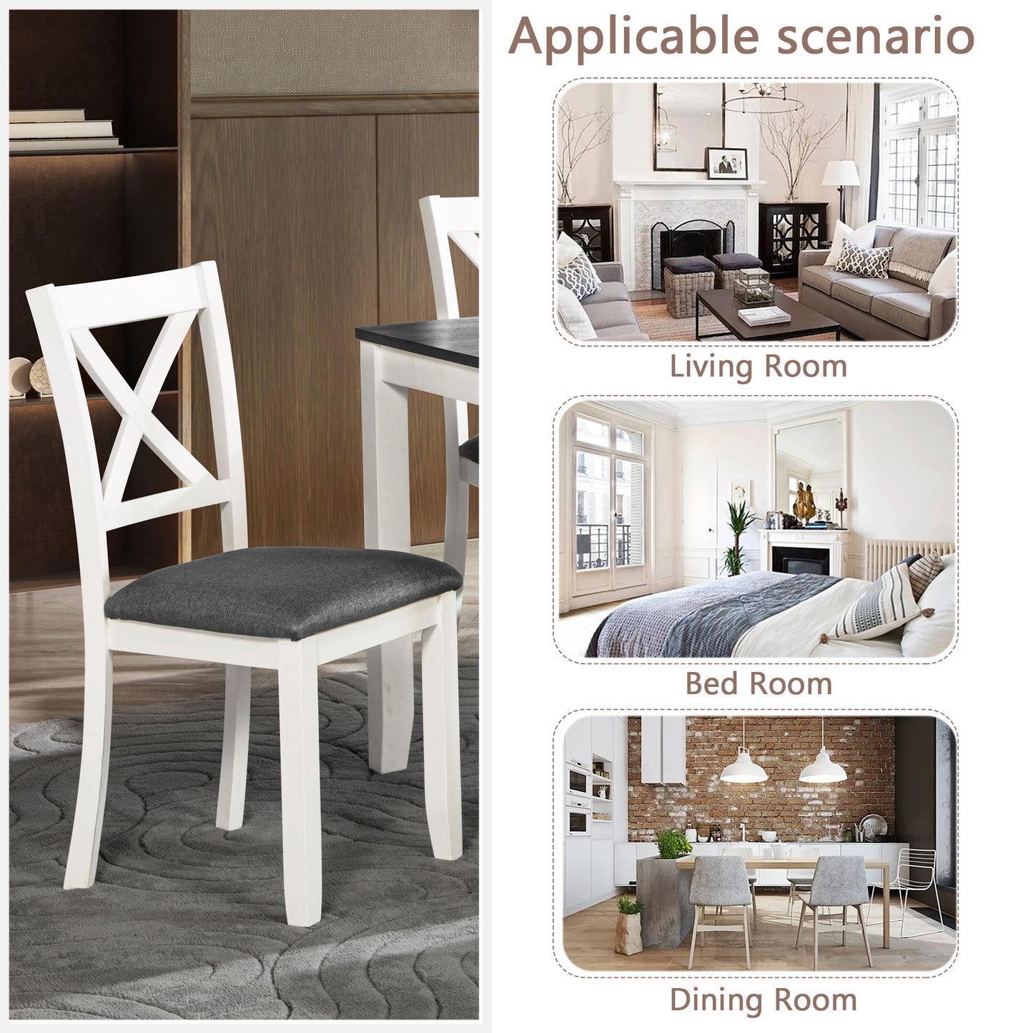 Wooden Dining Chairs Set of 4 with Padded Seats - Grey & White