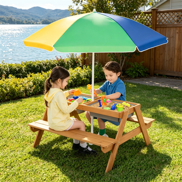 Kids Picnic Table with Adjustable Umbrella - 3-in-1 Sand & Water Play Set