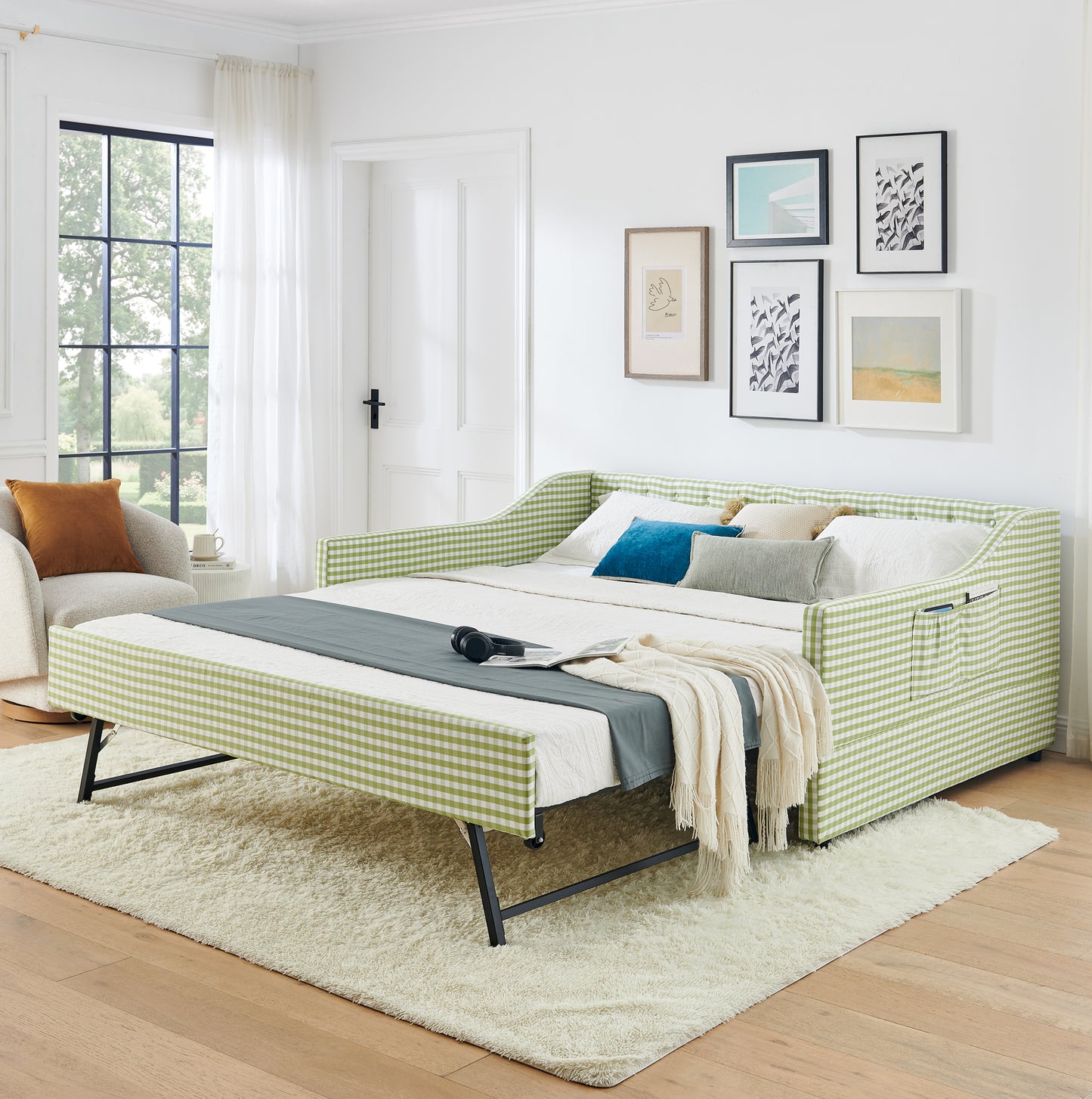 Full-Size Upholstered Daybed with Trundle & Storage - Green