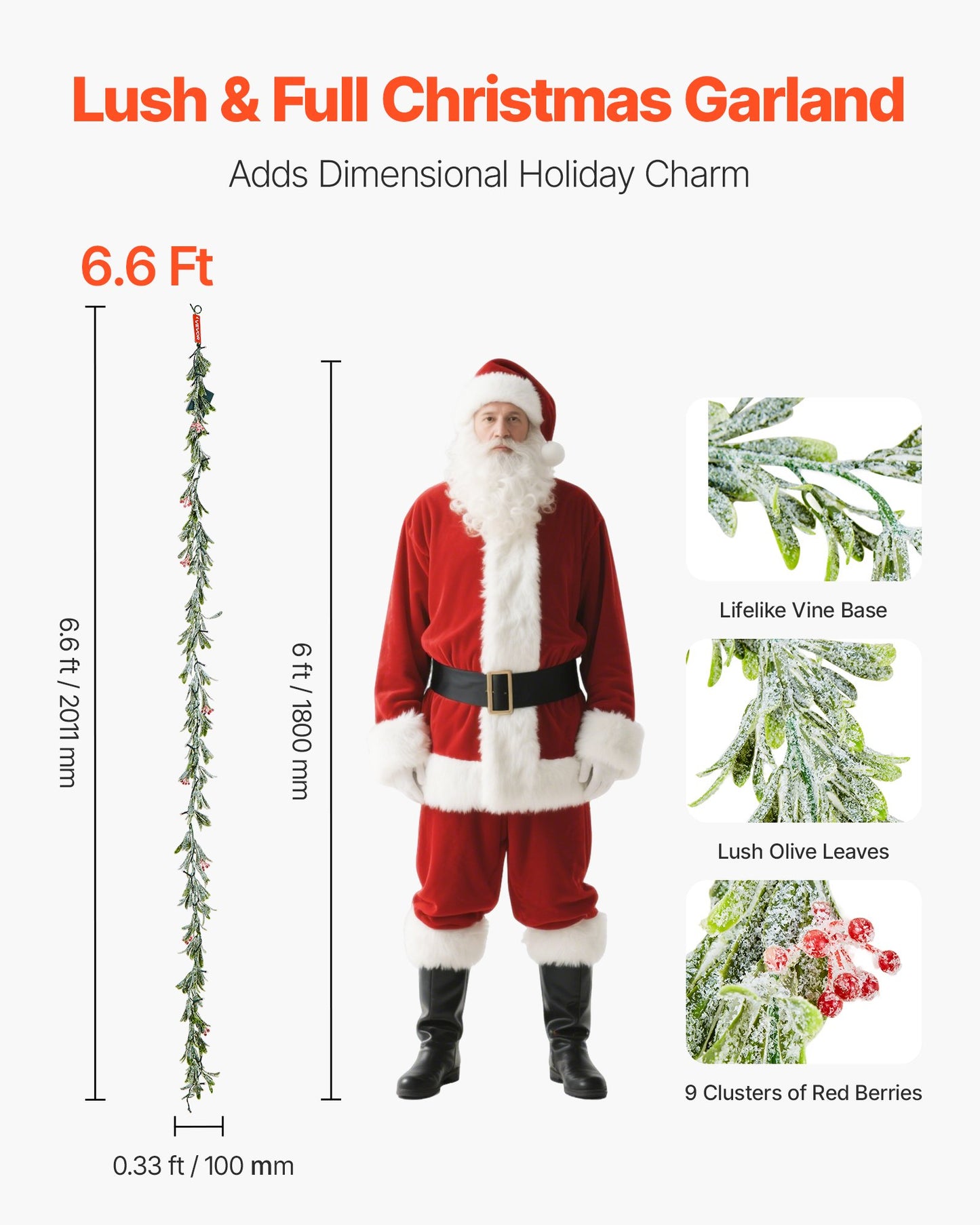 6.6Ft Christmas Garland with Vines, Olive Leaves, Berries & Warm White LED Lights