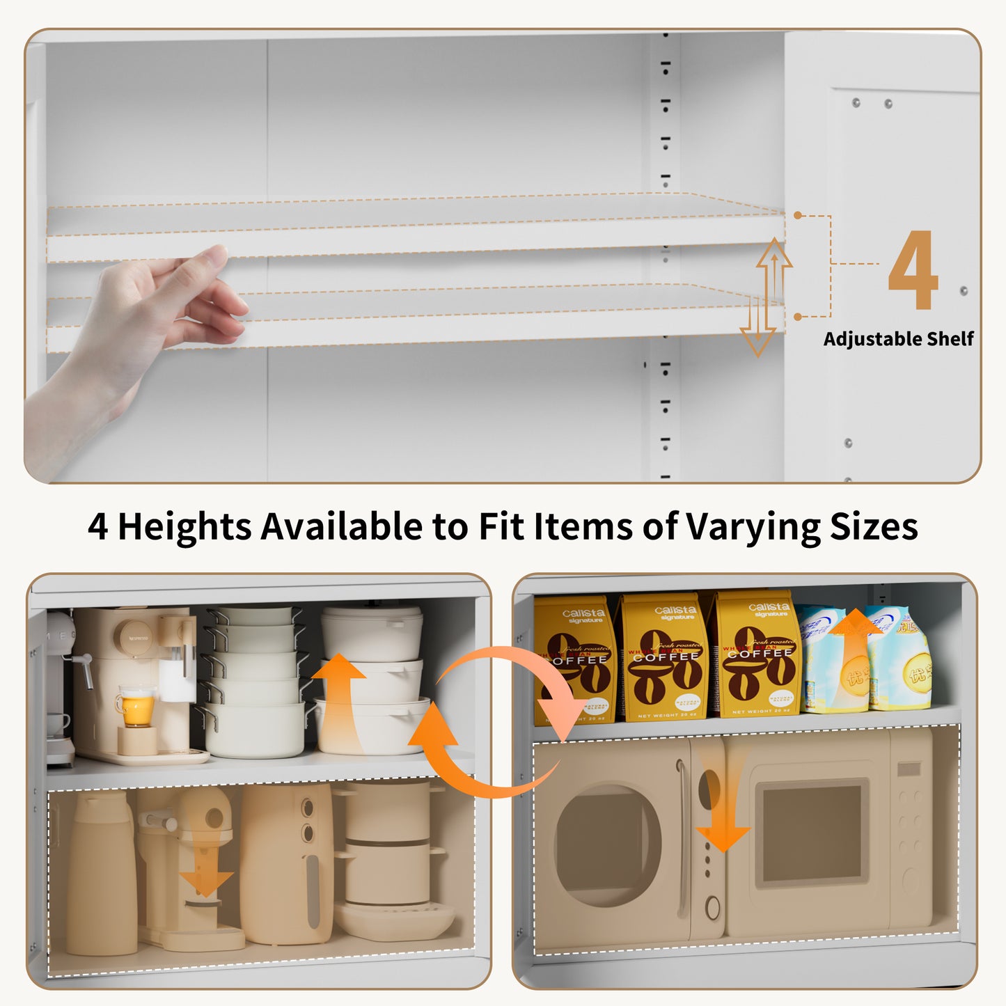 White Steel Kitchen Pantry Storage Cabinet With Adjustable Shelves,