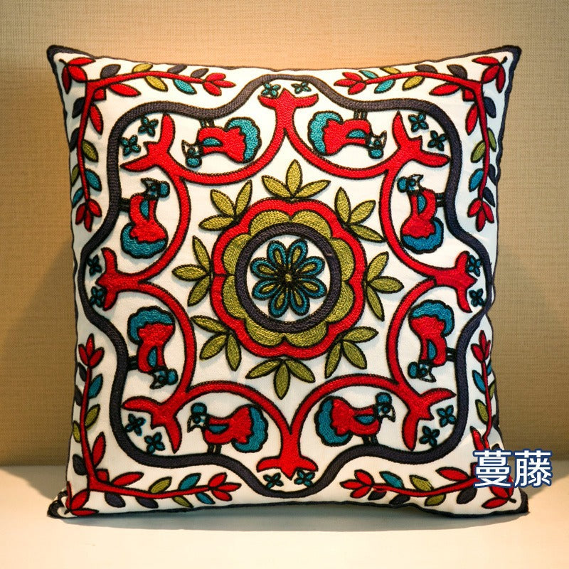 Mandala Vine Floral Embroidered Throw Pillow - Ethnic Bohemian Square Cushion for Sofa & Bedroom