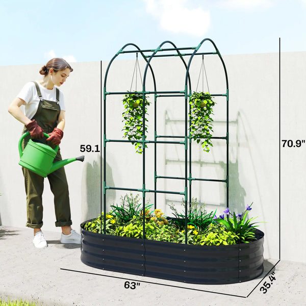 Raised Garden Bed with Arch Trellis - Dark Gray