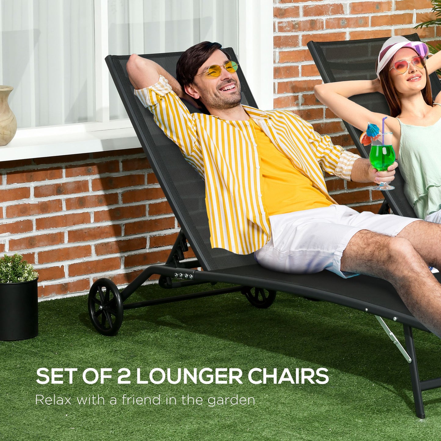 2-Piece Outdoor Chaise Lounge Chair Set with Wheels - Black