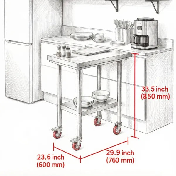 Sleek Metal Work Table With Adjustable Height And Shelf For Kitchen