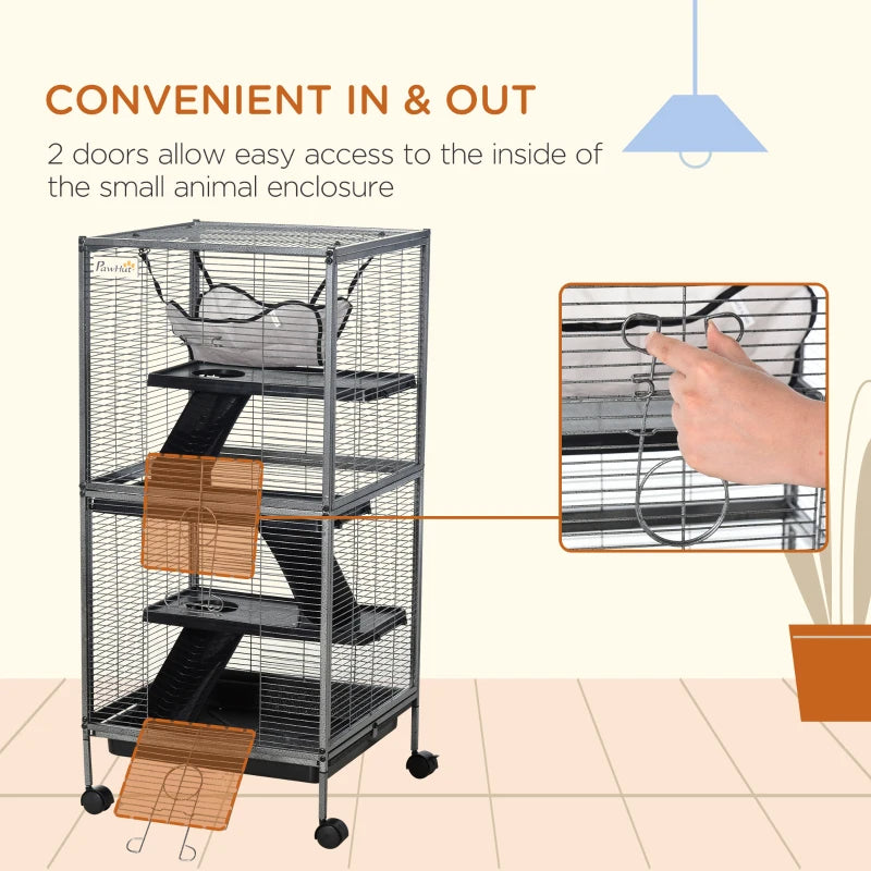 Small Animal Cage with Wheels, Multi-Tier Ferret and Chinchilla Habitat - Gray