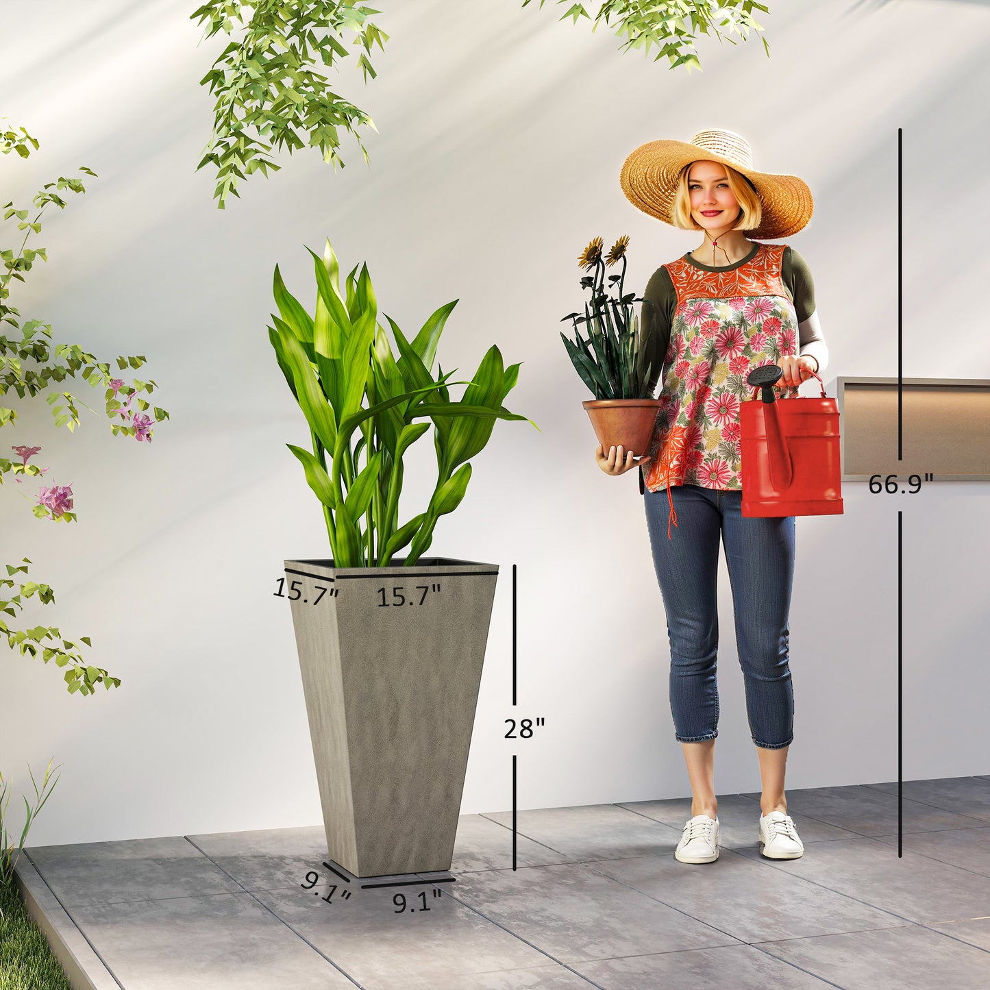 Outdoor Tall Plant Planters Set of 3 - 28 Inch Grey Tapered Pots with Drainage Holes