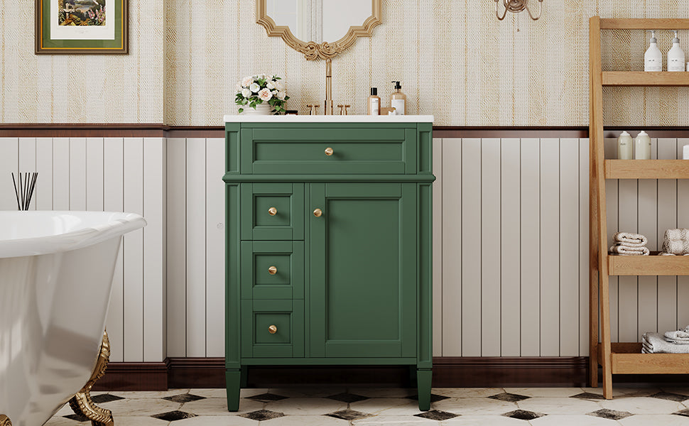 24'' Green Bathroom Vanity with Ceramic Sink & Storage Drawers