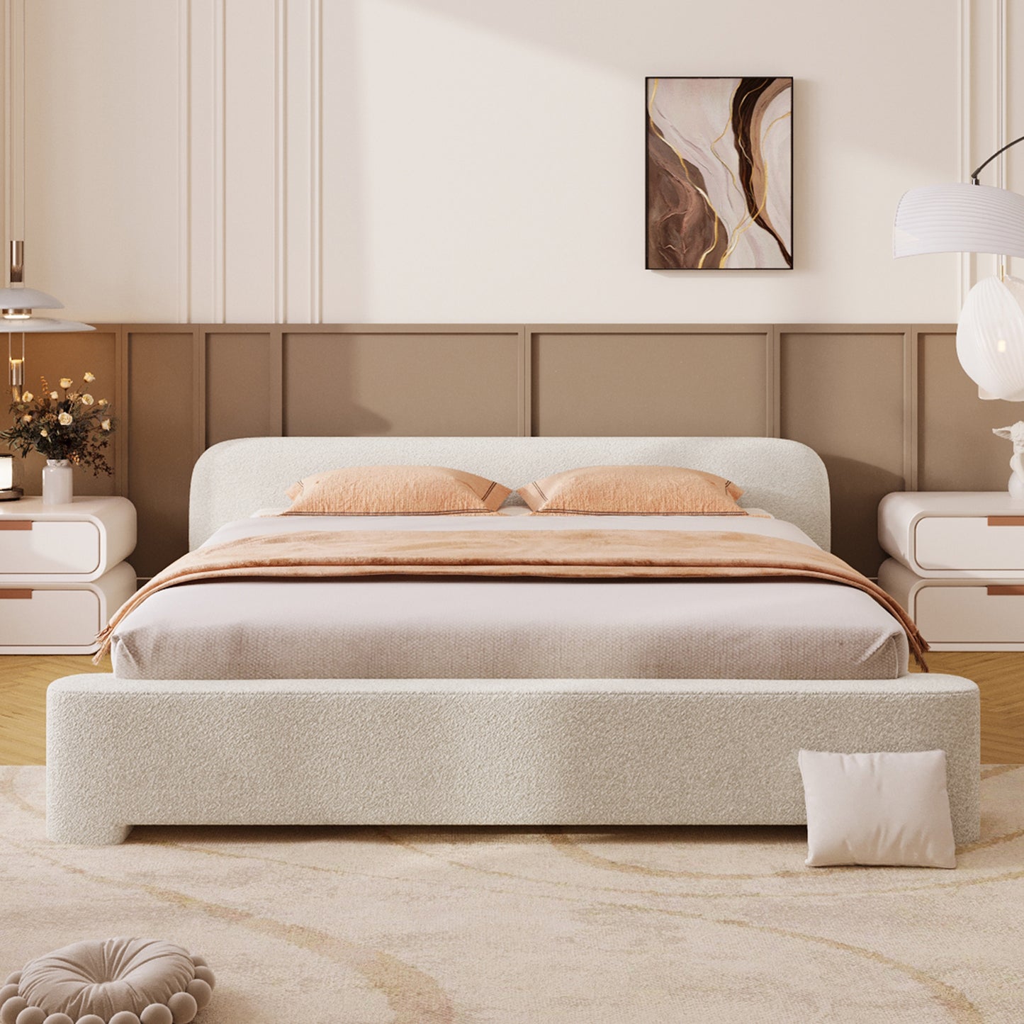 Cozy White Boucle Upholstered Bed - Full Size