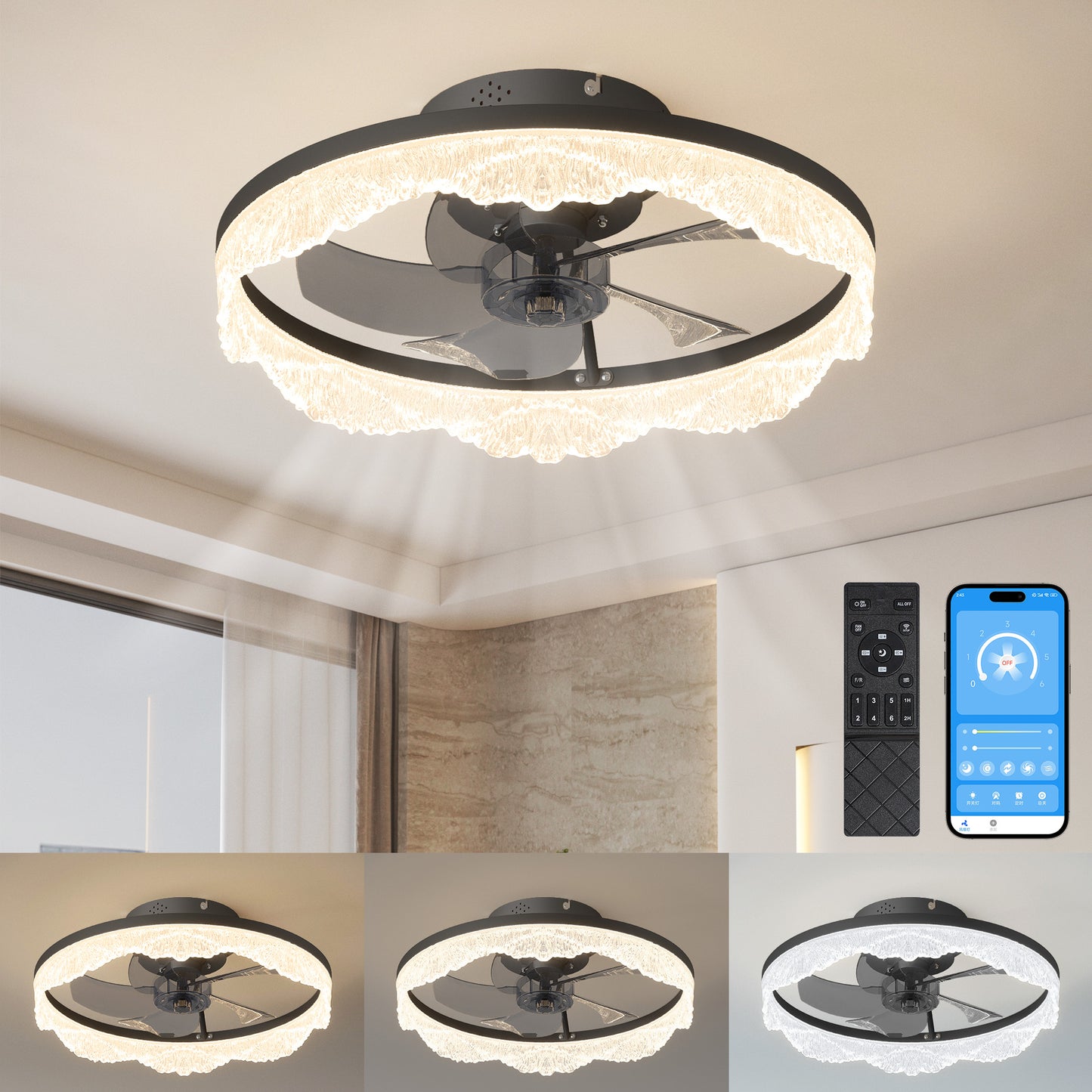 Modern LED Ceiling Fan Light with Crystal Acrylic Ring - Black