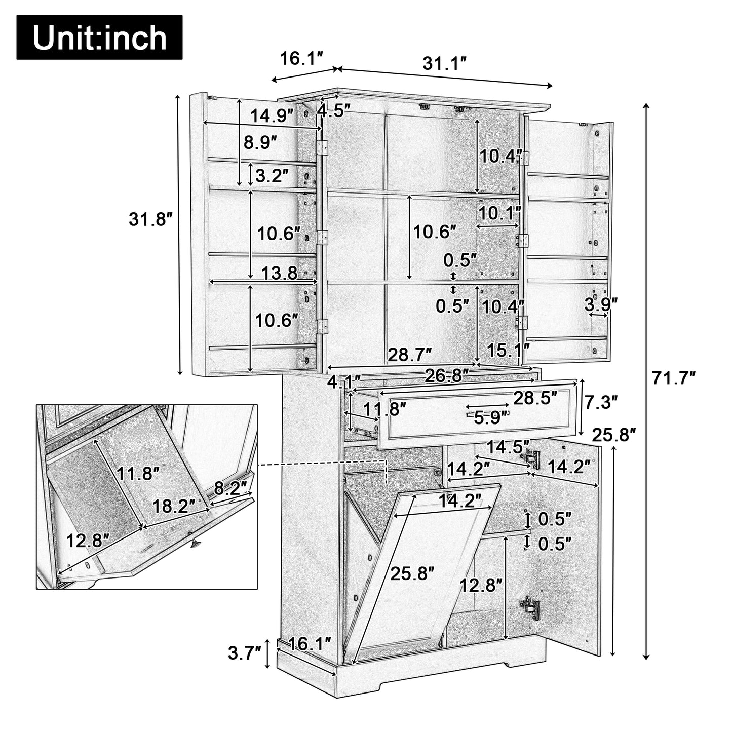 Freestanding Bathroom Storage Cabinet with Tilt-Out Hamper - White