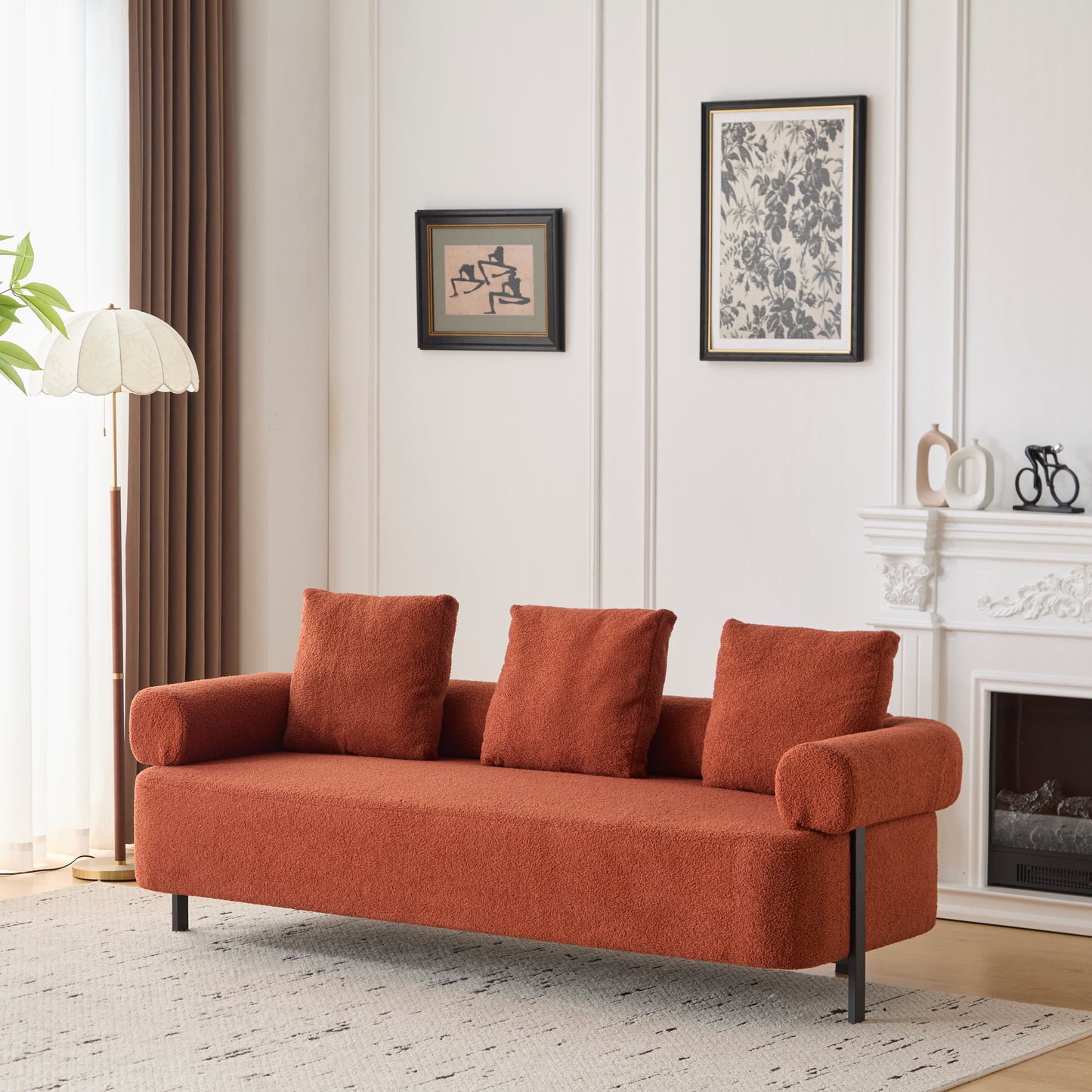 78 Modern 3-Seater Orange Upholstered Sofa, Oversized Comfy Couch