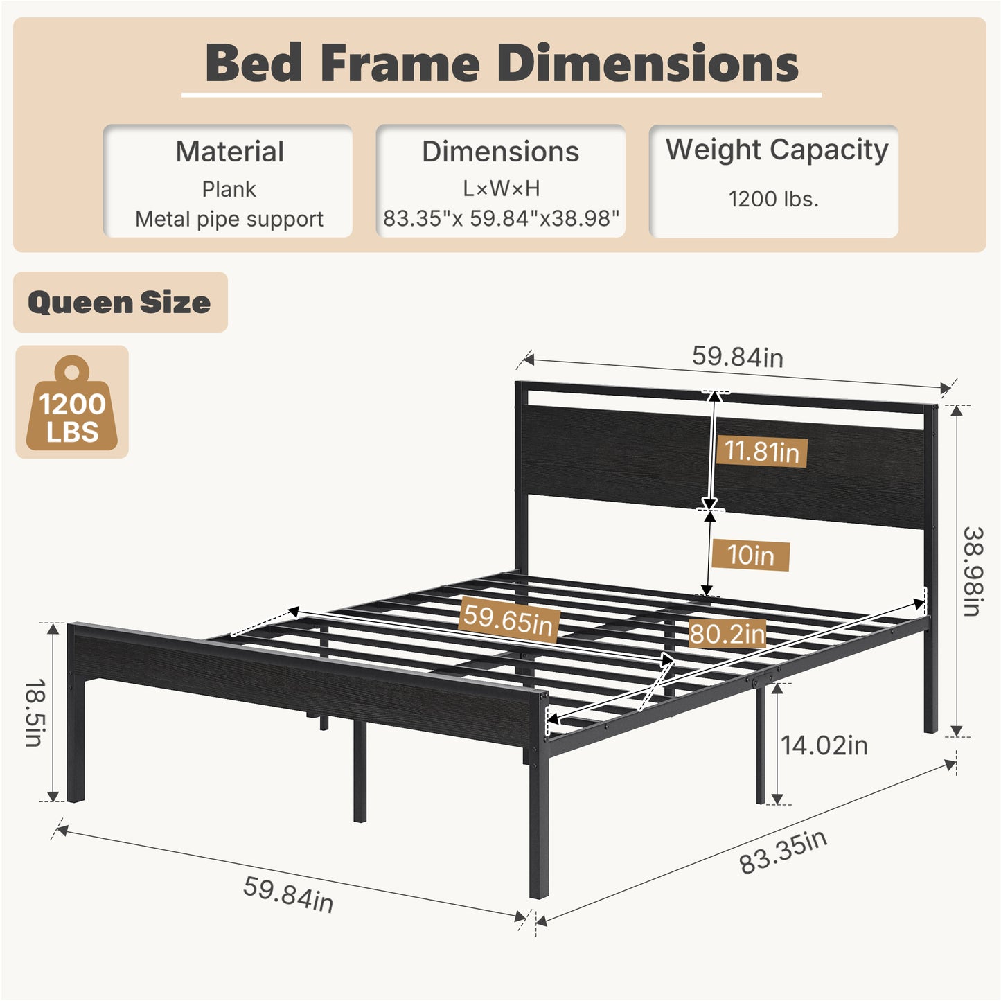 Heavy-Duty Metal Platform Bed with Wooden Headboard and Storage