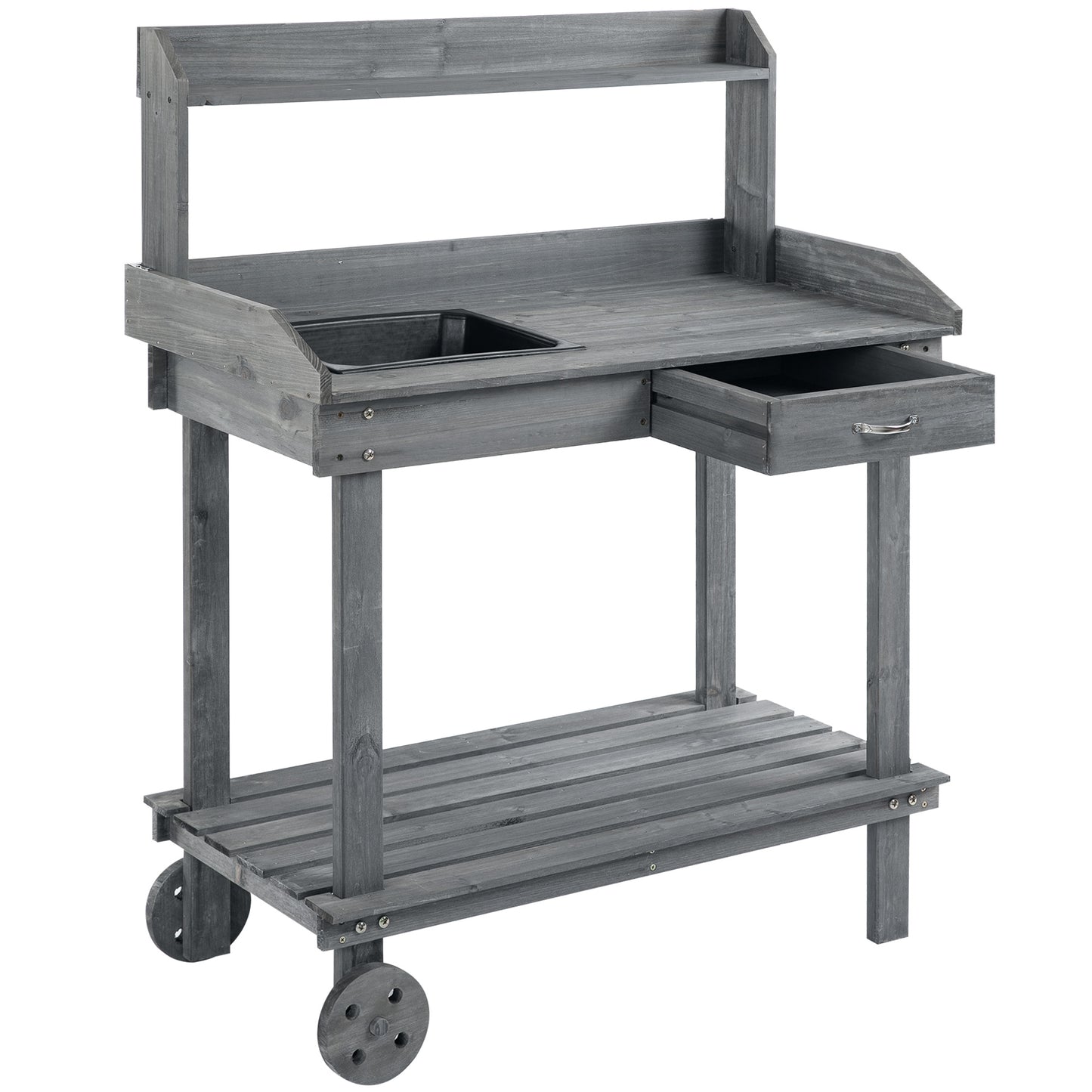 Wooden Potting Bench with Sink, Wheels, Drawer & Storage - Gray Garden Work Table